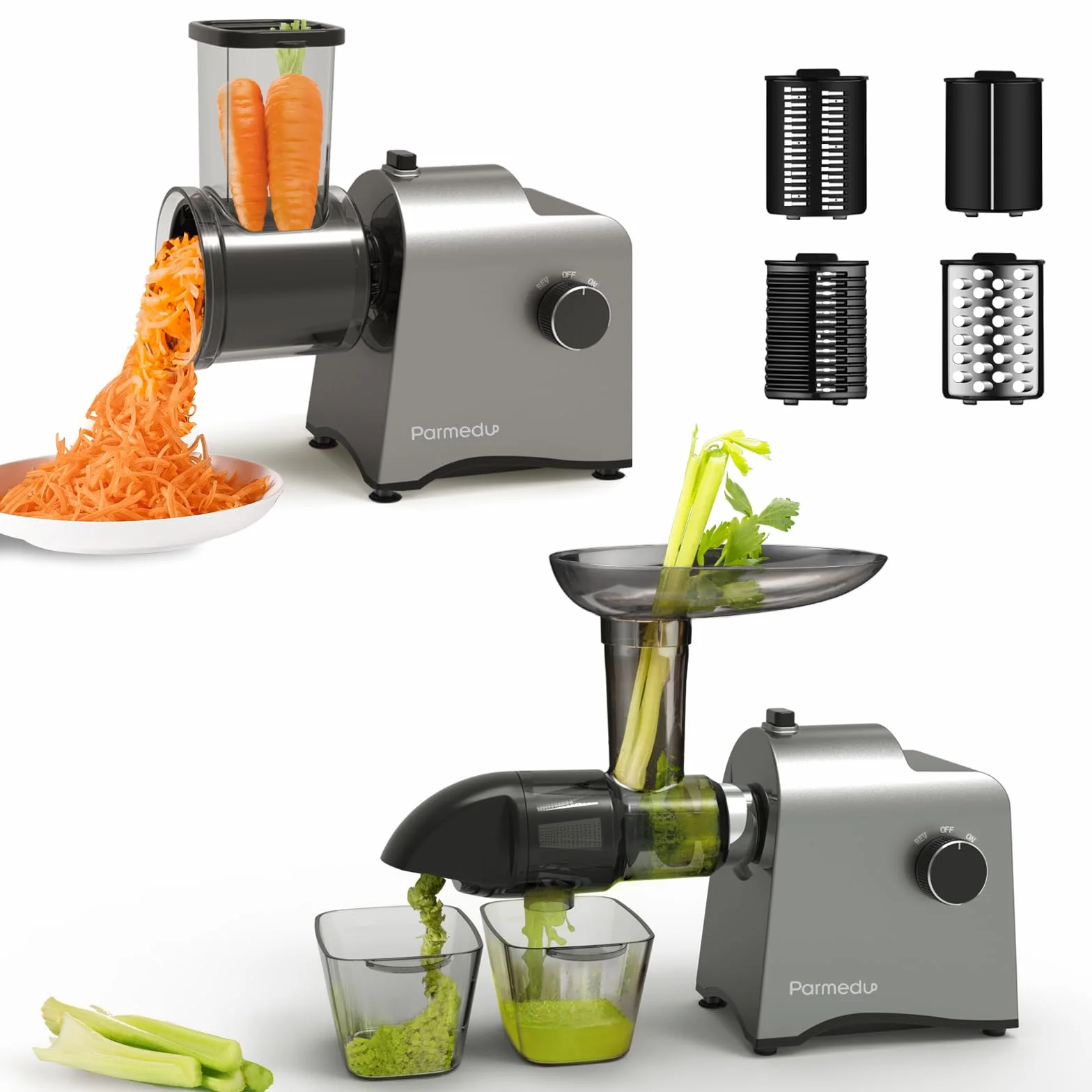 Parmedu Exprimidor y Rallador de Verduras 250W Extractor en Frío Eléctrico Cortador de Ensaladas con Función Reversible