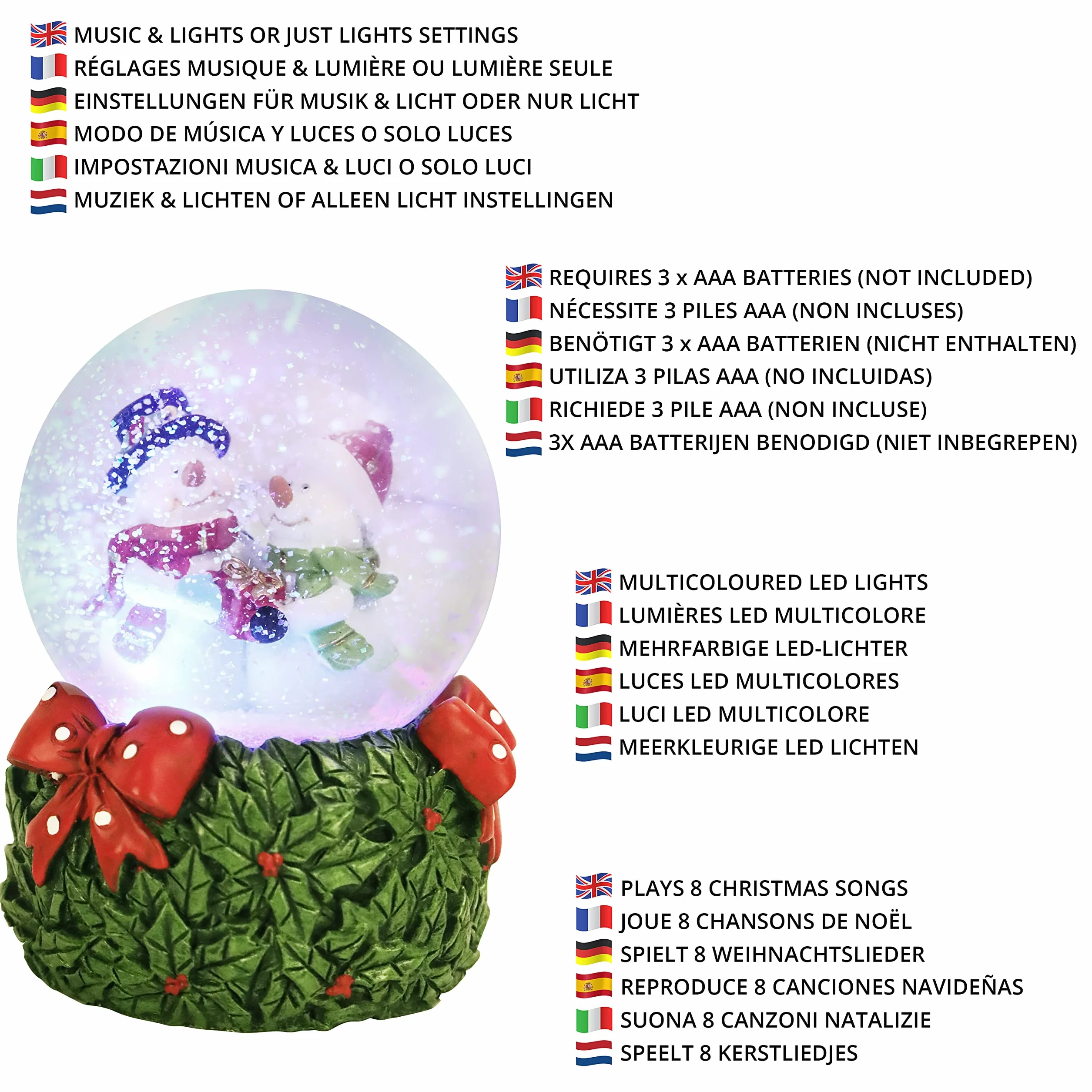 Belle Vous Bola de Nieve Musical 8,5 x 13 cm Adorno Navideño con Purpurina Girando Luces LED 8 Canciones