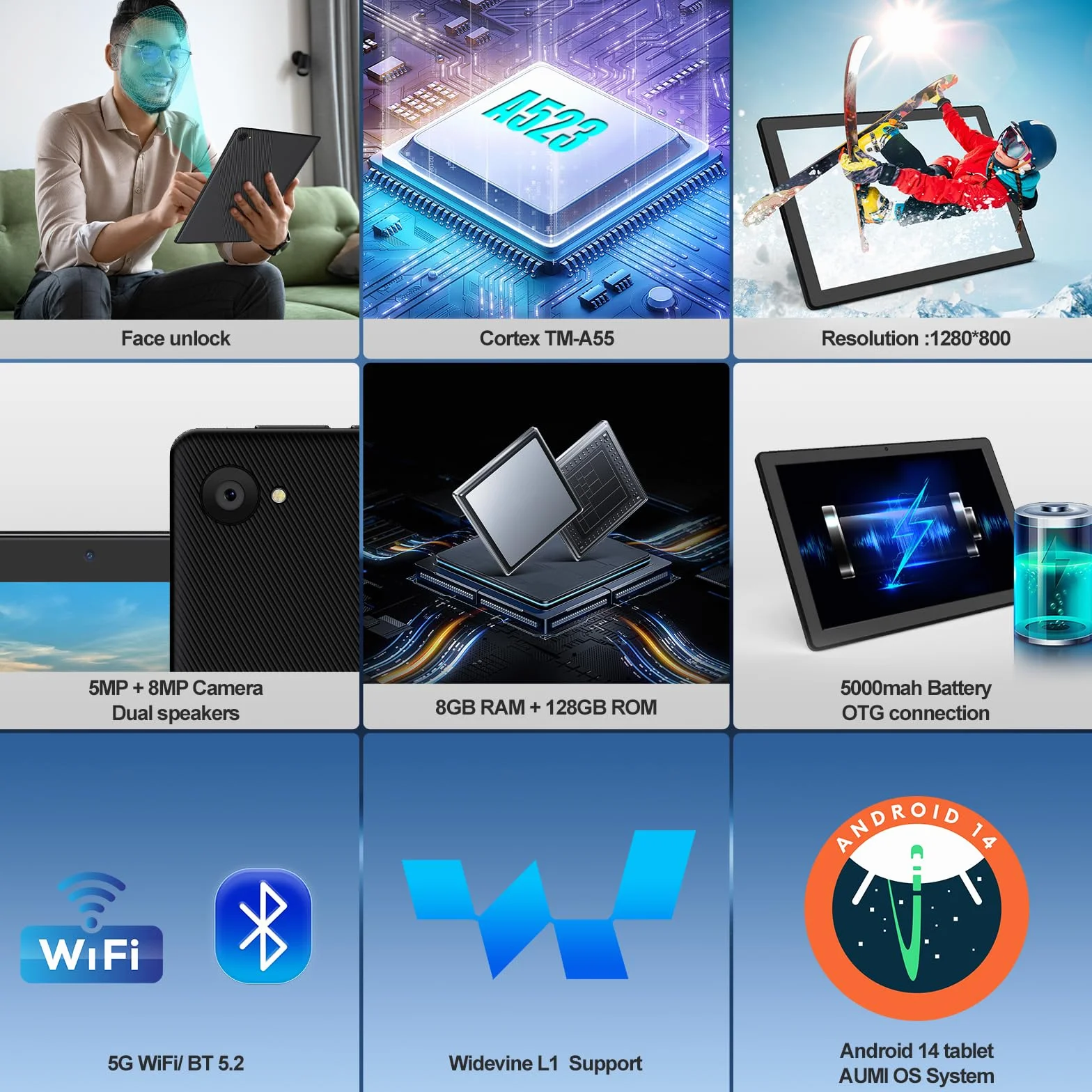 Whitedeer Tablet 10 Pulgadas Android 8GB RAM 64GB ROM Pantalla IPS HD 1280x800 Cámara Dual 8MP+5MP Batería 5000mAh WiFi 6 BT5.4 GMS Widevine L1 Face ID