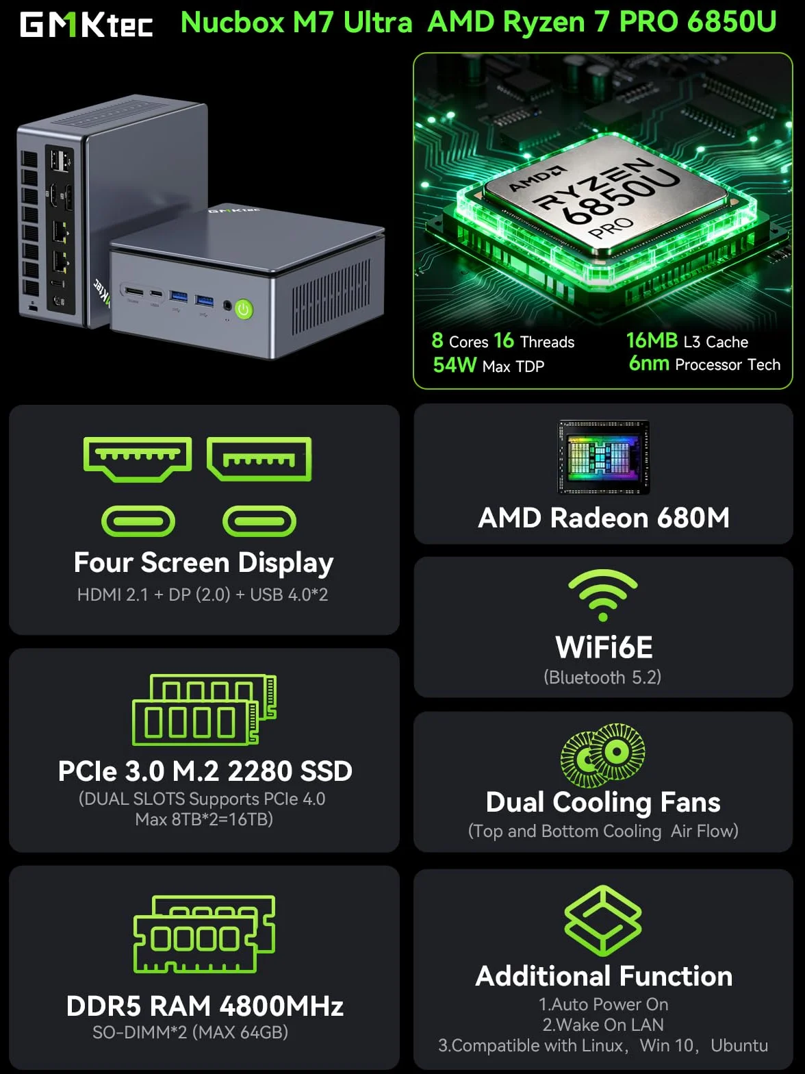 GMKtec (Garantie de 3 ANS) Mini-PC de jeu Dual 2.5G LAN, M7 Ultra Ryzen 7 Pro 6850U, 32Go RAM DDR5 4800 MHz + SSD PCIe 1To Oculink Mini Computer USB4/Wi-Fi 6E/Bluetooth 5.2/HDMI 2.1/USB-C/