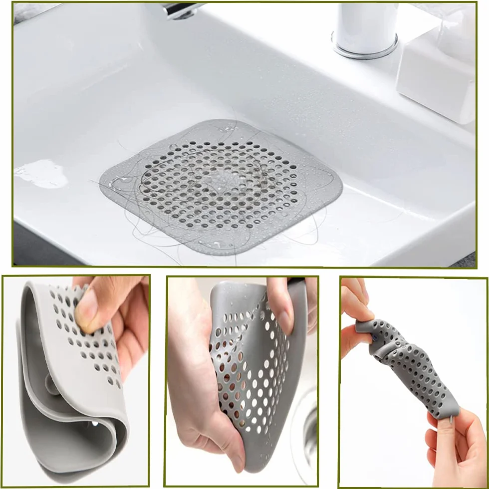 2 Piezas Silicona Protector de Drenaje, Tapa con Ventosas Fuertes, Filtro para Fregadero Cocina Baño (Gris)