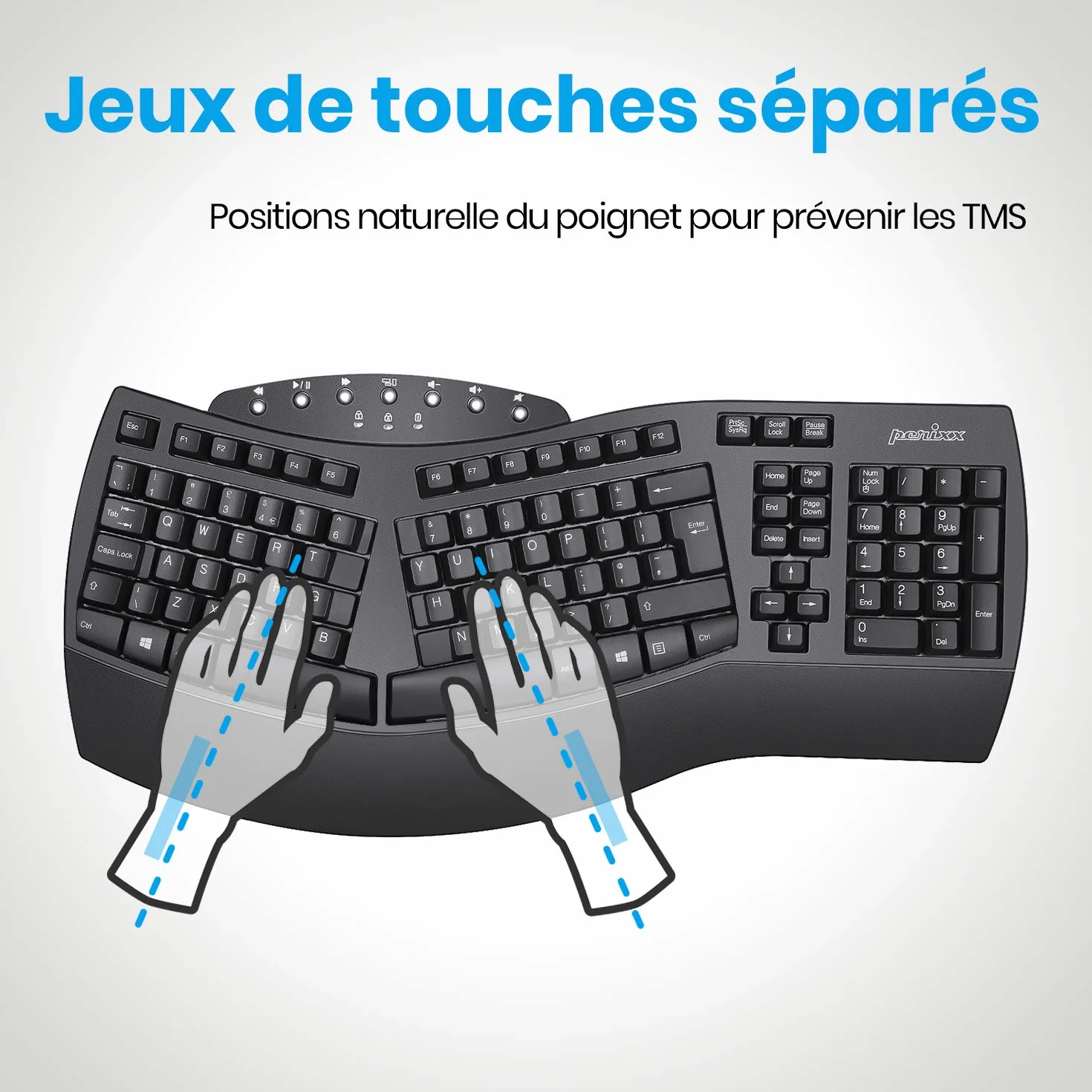 Perixx PERIBOARD-612, gran teclado ergonómico inalámbrico, conexión de 2,4 GHz y Bluetooth 4.0 para Windows y Mac – negro, AZERTY