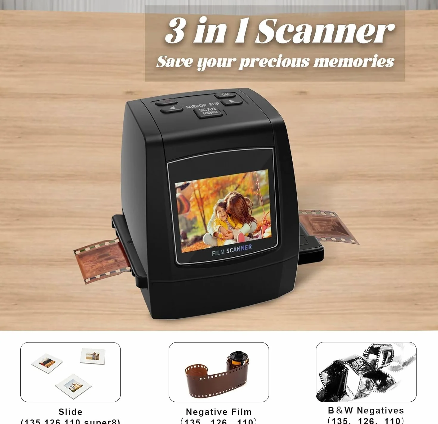 Mini escáner digital para películas y diapositivas, convierte negativos y diapositivas de 35 mm, 126, 110, Super 8 y 8 mm en imágenes JPEG de 22 megapíxeles, pantalla LCD de 2,4"