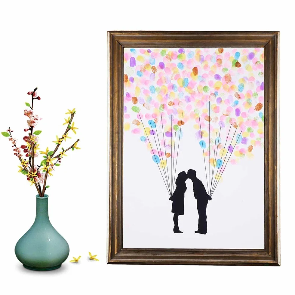 Kit Árbol de Huellas para Bodas con 6 Tintas + Marco para Cuadro, Libro de Firmas Nupcial 4 Diseños