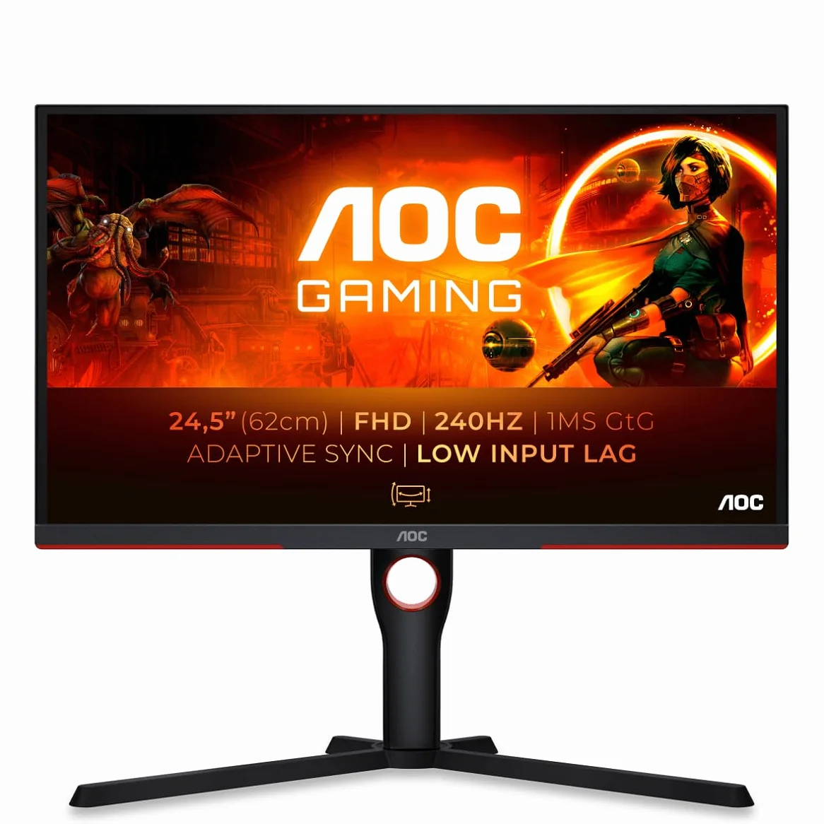 AOC Gaming 25G3ZM/BK - Monitor FHD de 25", 240 Hz, 0.5 ms MPRT, Plano, FreeSync Premium, Ajustable (VA, 1920x1080, HDMI 2.0 x 2, DisplayPort 1.2 x 1, Headphone out (3.5mm)) negro/rojo