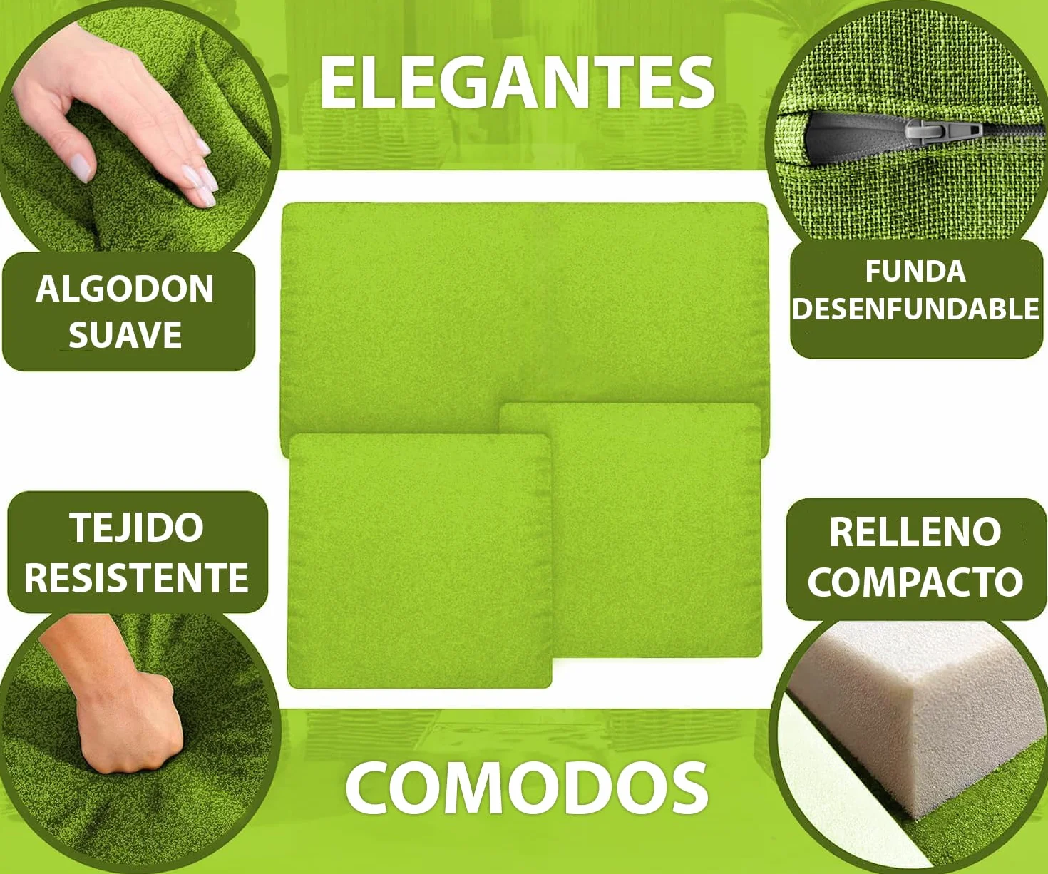 Set de 3 Cojines de Exterior para Sillones y Sofá de Jardín – Desenfundables con Cremallera, Resistentes, Verde Maranza