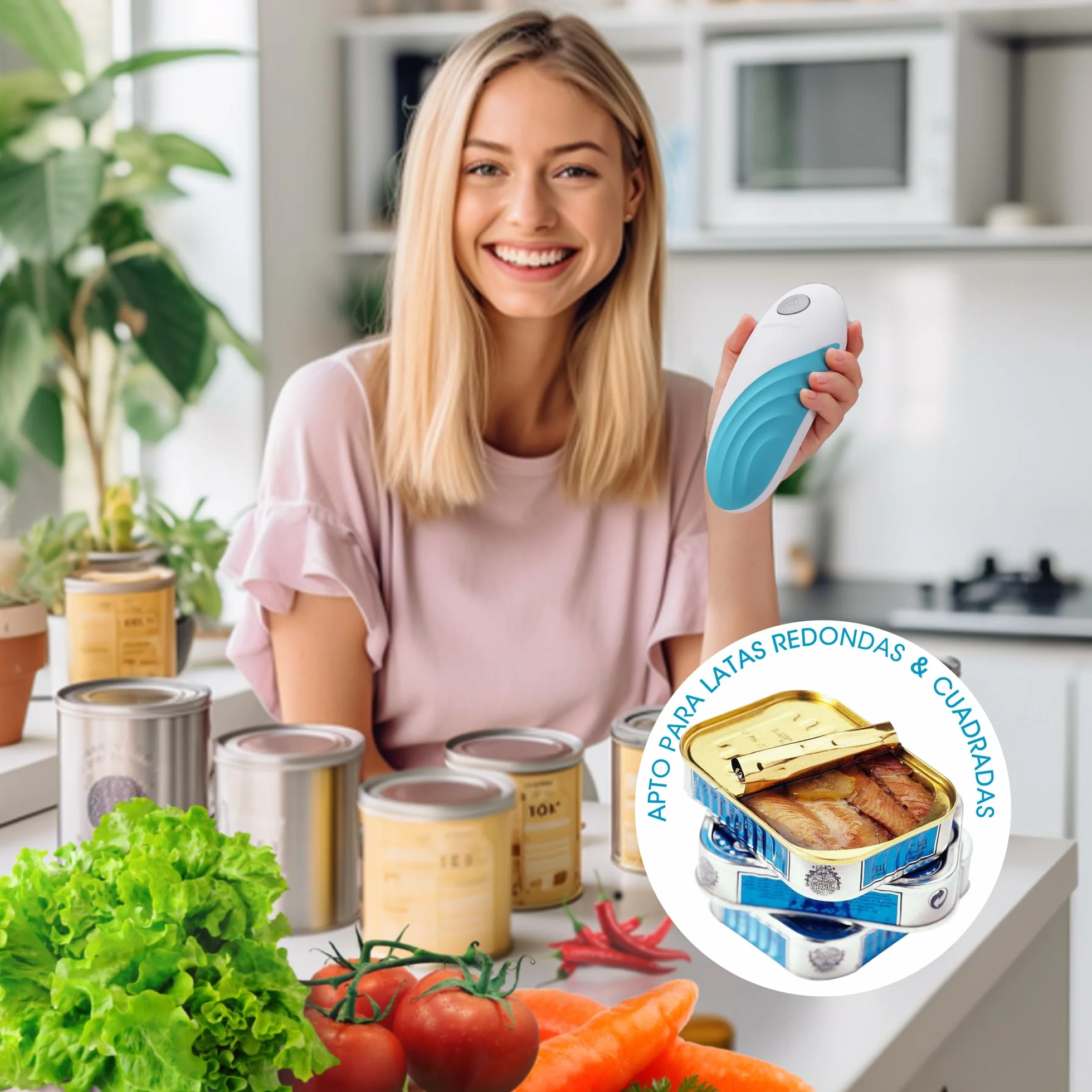 HAUSHOF Abrelatas Eléctrico Automático Inalámbrico, para Personas Mayores y Cocineros, Manos Libres, Azul