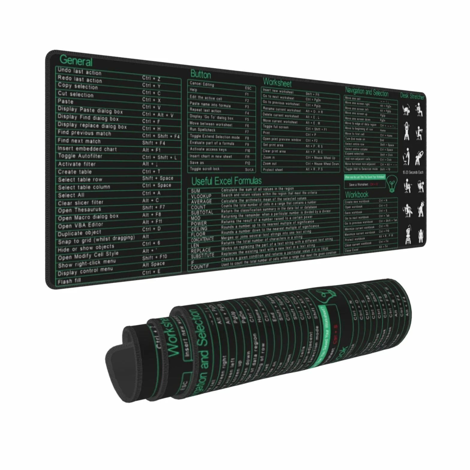 Excel Shortcuts Keys - Alfombrilla para mouse (31.5 x 11.8 pulgadas, XL, bordes cosidos antideslizantes, de goma)