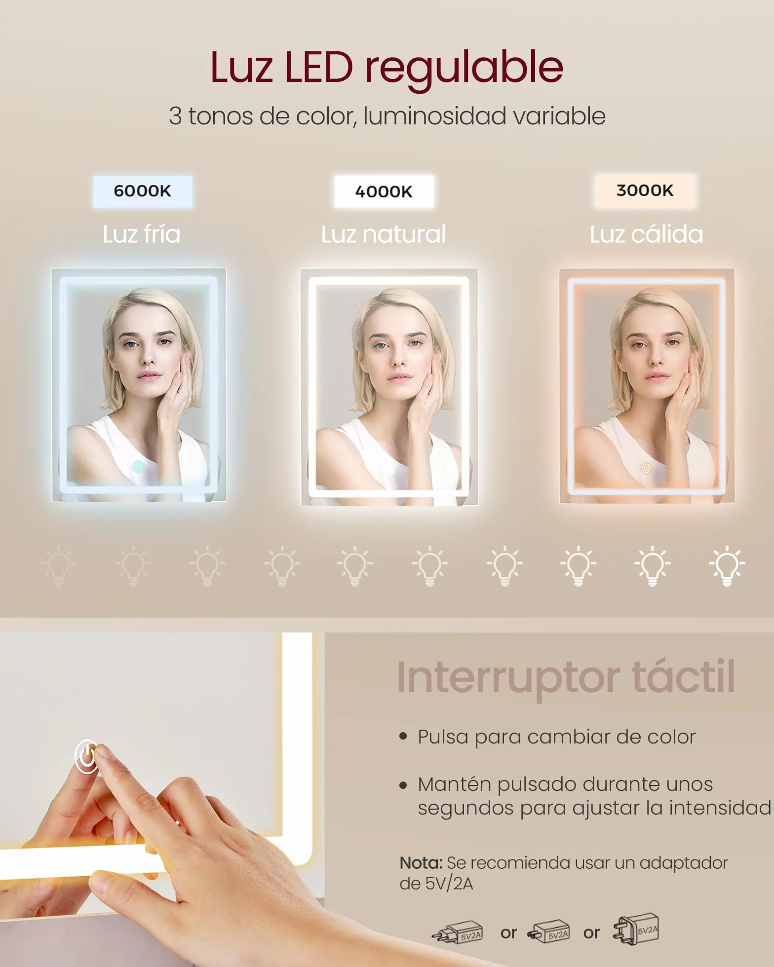 VASAGLE Kailyn Colección Tocador con Luces LED de 3 Colores Brillo Ajustable Mesa de Maquillaje Espejo Estantes Ajustables 2 Cajones Blanco