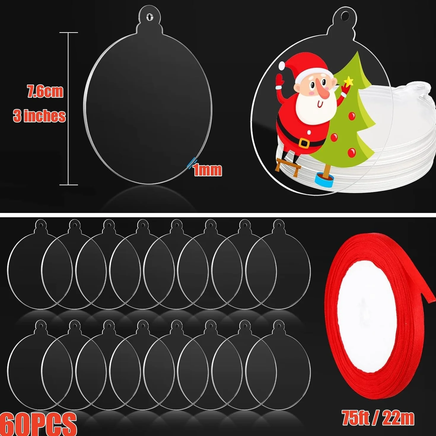 Adorno de Navidad 60 Piezas Disco de Acrílico Transparente 7,6CM Redondo con Cinta Roja para Árbol de Navidad