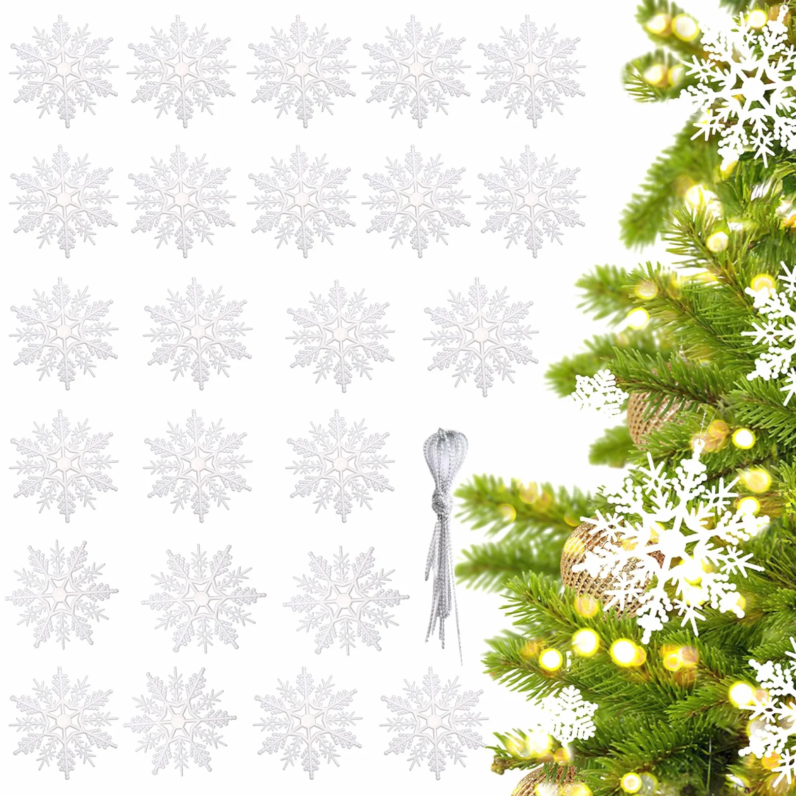 Copos De Nieve Decoracion, 24 Piezas Blanco Brillante Adorno Colgante Arbol Navidad Fiesta Invierno