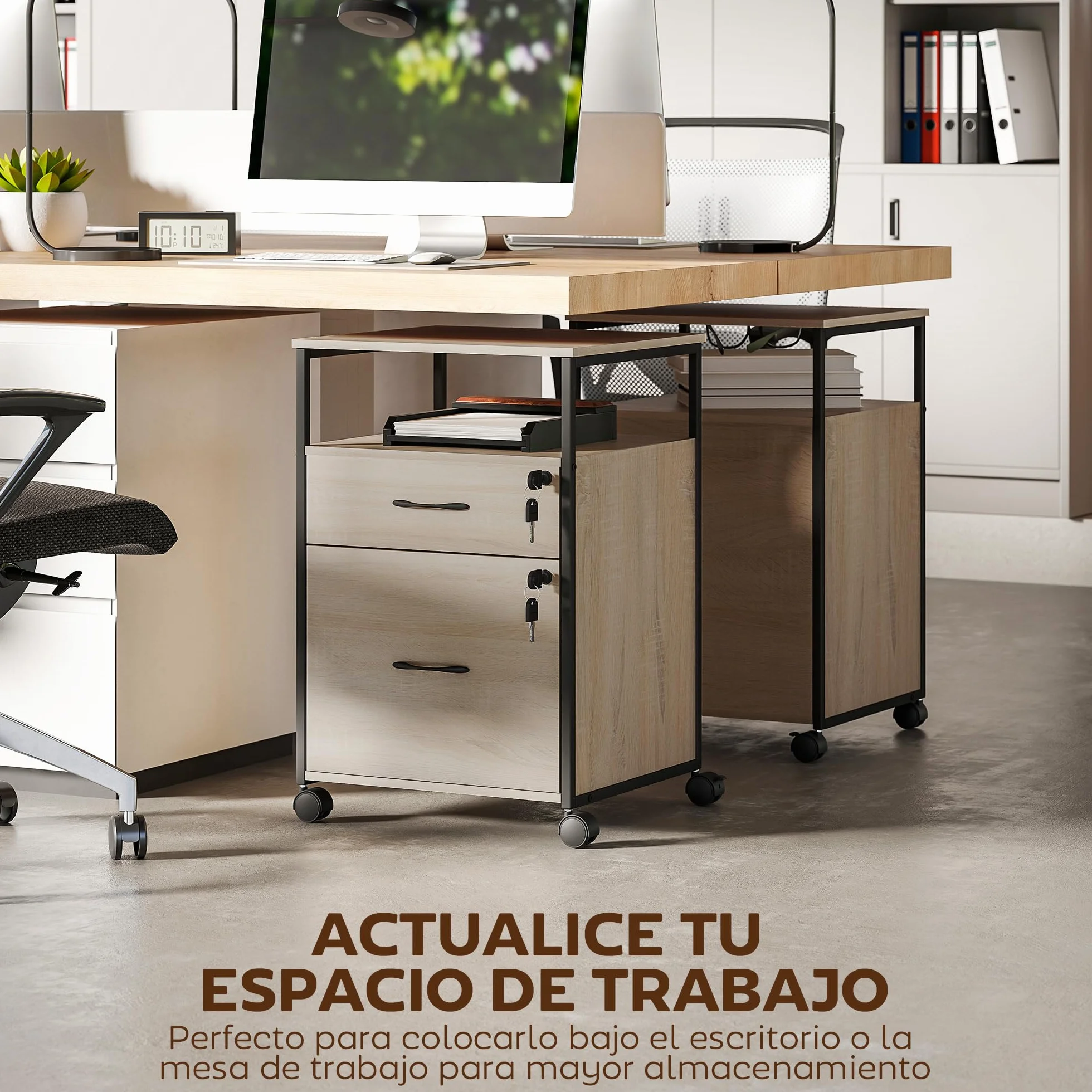 Vinsetto Cajonera Oficina 2 Cajones con Ruedas Barra Colgante Cerradura Llaves A4 Archivador Móvil 44x40x66,5 cm Natural