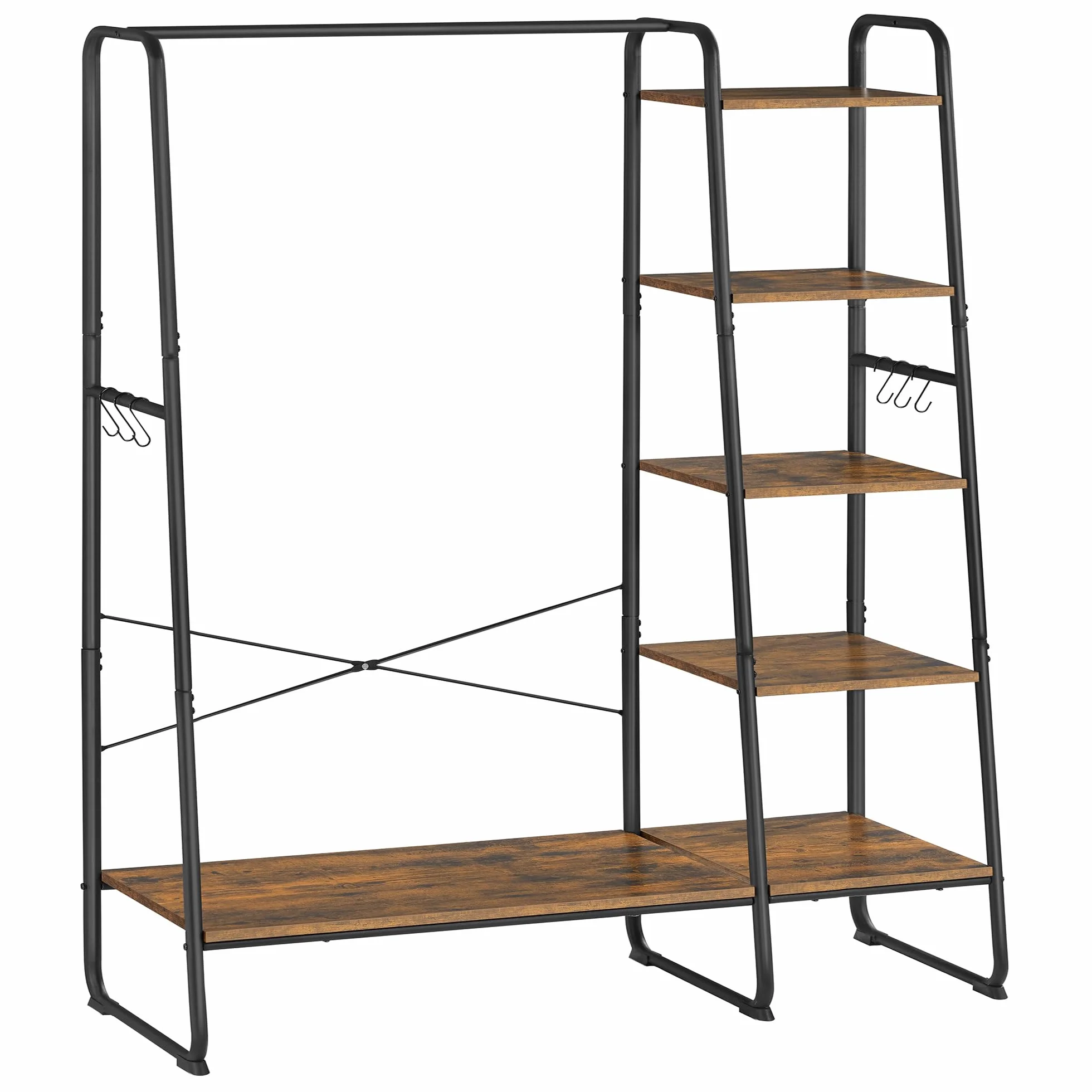 VASAGLE Burro Perchero, Perchero con Zapatero, 5 Estantes de Almacenamiento, 6 Ganchos Laterales, Dormitorio, Sala de Estar, Pasillo, Diseño Industrial, Marrón Rústico y Negro Mate RGR116B01