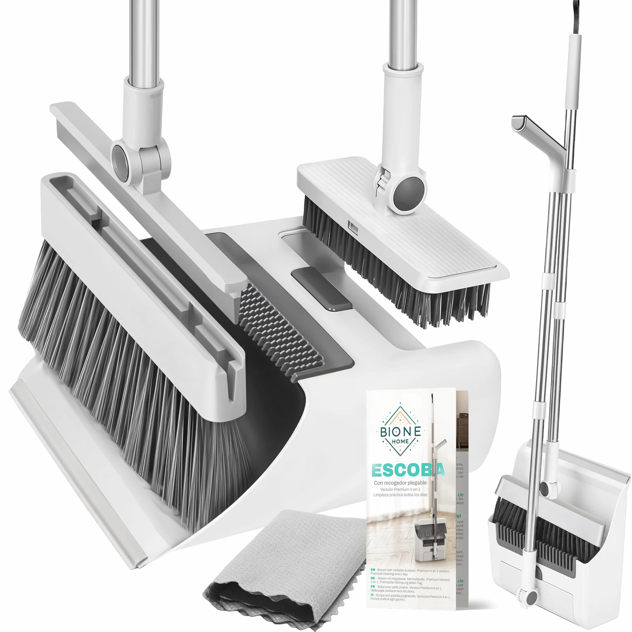 Bione Escoba y Recogedor Plegable con Palo de 126 cm - Set de Limpieza de Escoba 3 en 1 con Cepillo Barrer, Cepillo Duro, Limpiacristales Integrado, Bayeta y Recogedor Basura - Práctico y Compacto