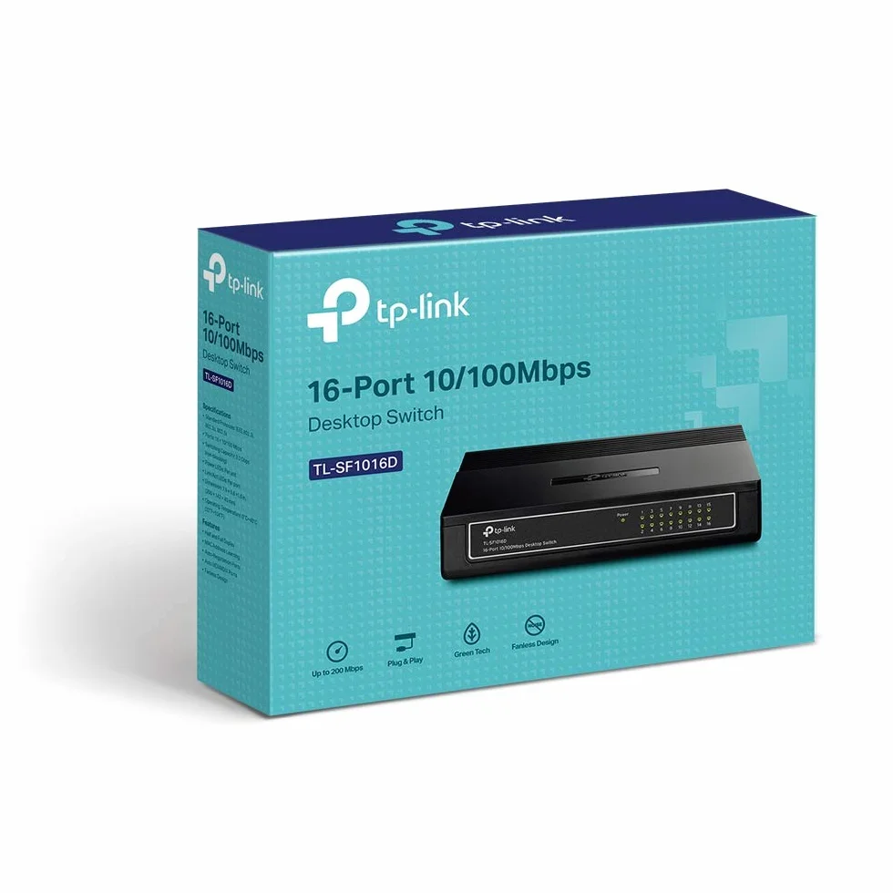 TP-Link TL-SF1016D 16-Port 10/100 Mbps Desktop Ethernet Switch/Hub, Ethernet Splitter, Plug & Play, no configuration required, Black