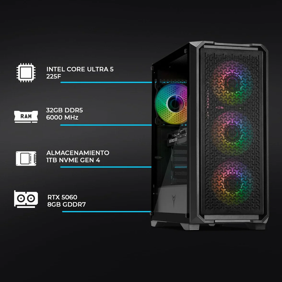 YEYIAN PC Gaming VR Esports AI Intel Core Ultra 5 225F 10 Cores a 4,9 GHz | NVIDIA GeForce RTX 5060 8GB GDDR7 | 32GB DDR5 6000Mhz | 1TB SSD Gen 4 | WiFi 6 + BT 5.3 | LAN 2.5 Go | Win 11 Pro