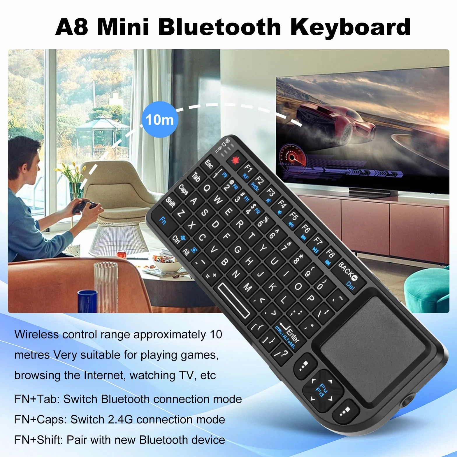 Binghe Mini Teclado Inalámbrico con Panel Táctil, Mini Teclado Bluetooth, A8 2.4G Teclado Inalámbrico con Retroiluminación Blanca para Windows/Linux/Mac/Android/Google/Smart TV OS