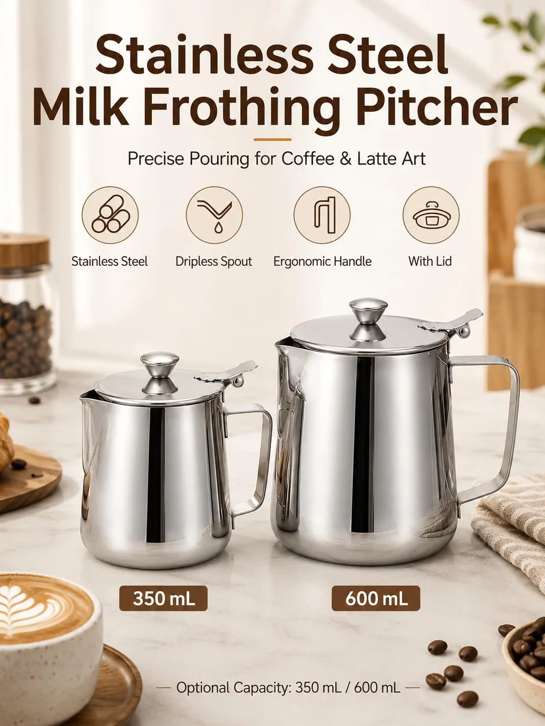 VOBOR Jarra de Espuma de Leche Acero Inoxidable 350ML Vaso Espumador para Capuchino Espresso Latte