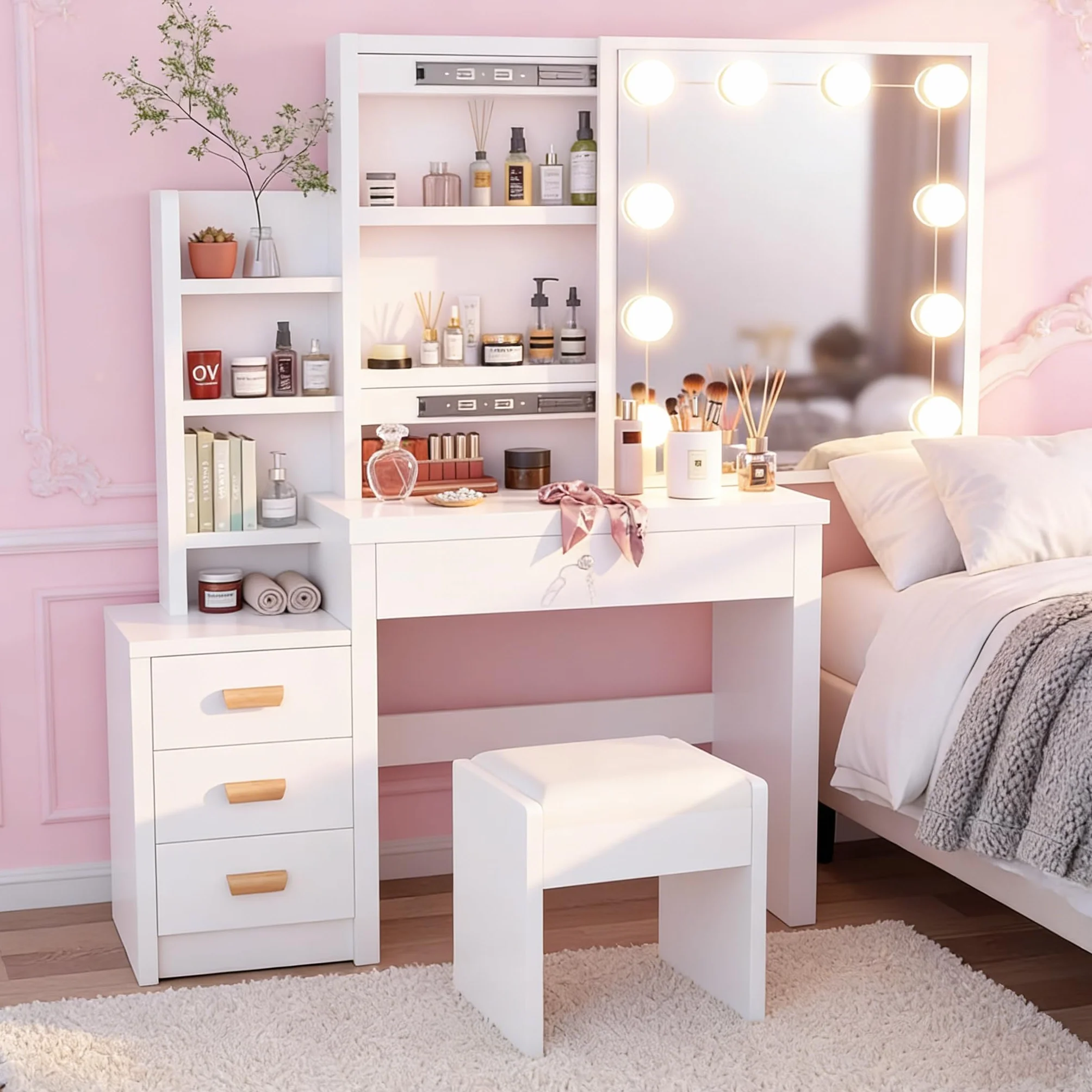 Tocador Blanco, Tocador con Espejo y Taburete, 10 Luces LED, Estilo Moderno, Mesa de Maquillaje con Estantes Abiertos y 4 Cajones, para Dormitorio, Salón, 135x80x36 cm