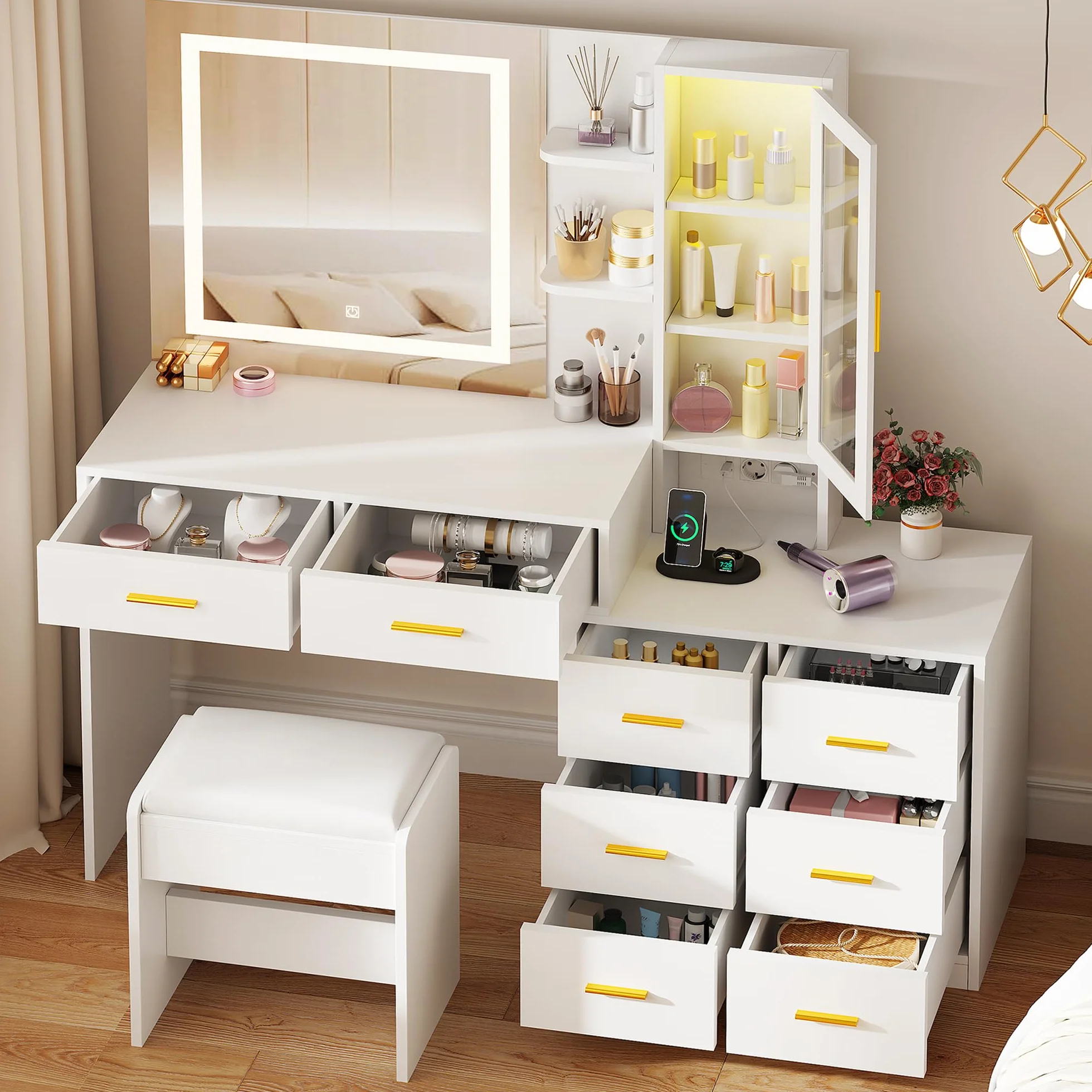 ANWBROAD Grande Tocador de Maquillaje con Luz LED y Enchufes 3 Colores Brillo Ajustable Mesa de Maquillaje con 8 Cajones Blanco BDT77W