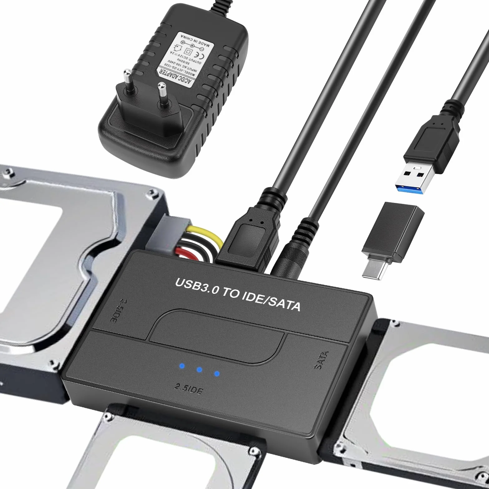 Adaptador Lector Discos Duros USB3.0 5Gbps para 2,5'' y 3,5'' IDE y SATA HDD/SSD, Conversor Adaptador de Disco Duro USB3.0 a IDE/SATA Soporta Windows/Linux/MacOS para CD-ROM/CD-RW/DVD-RW