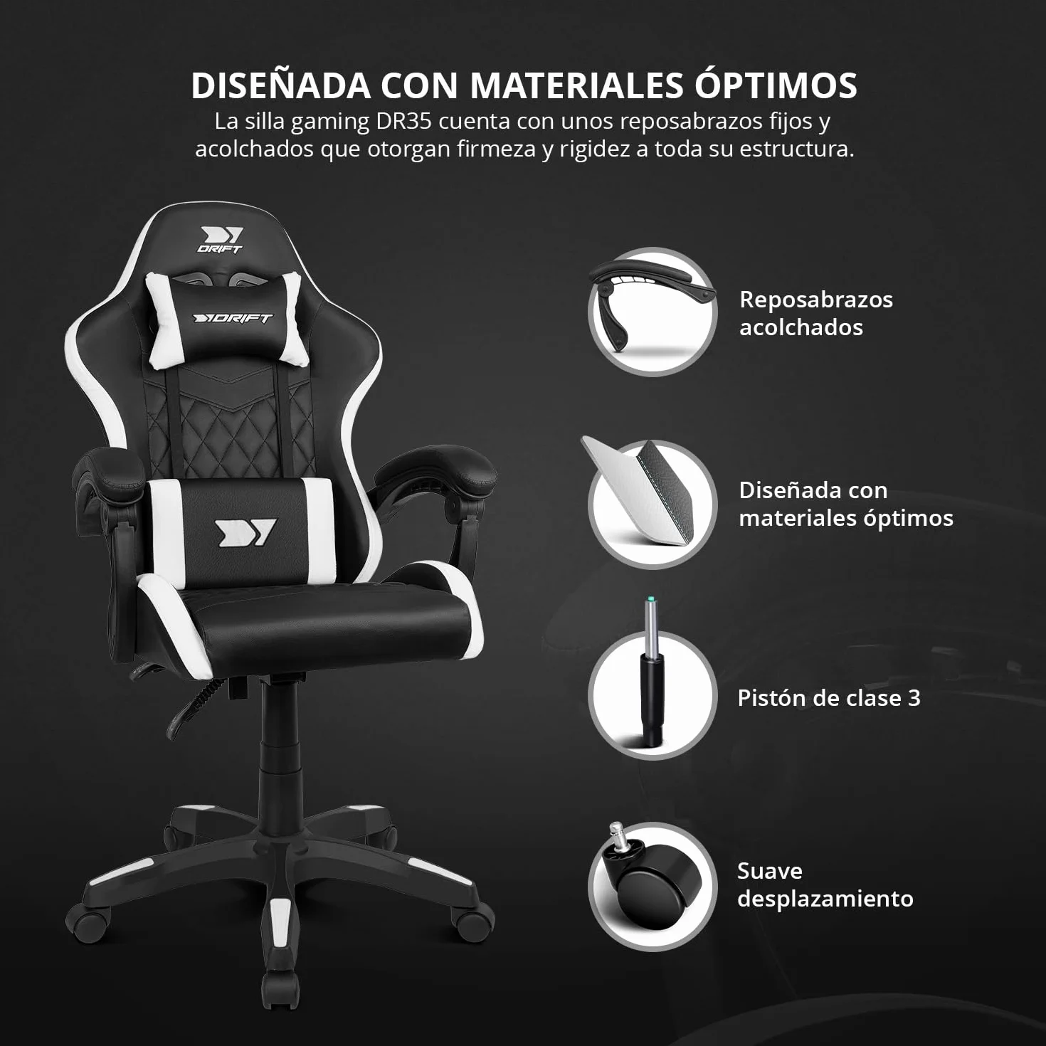 Drift Gaming DR35 Silla Profesional Polipiel Reposabrazos Acolchados Pistón Clase 3 Base Nylon Reforzada Negro/Blanco