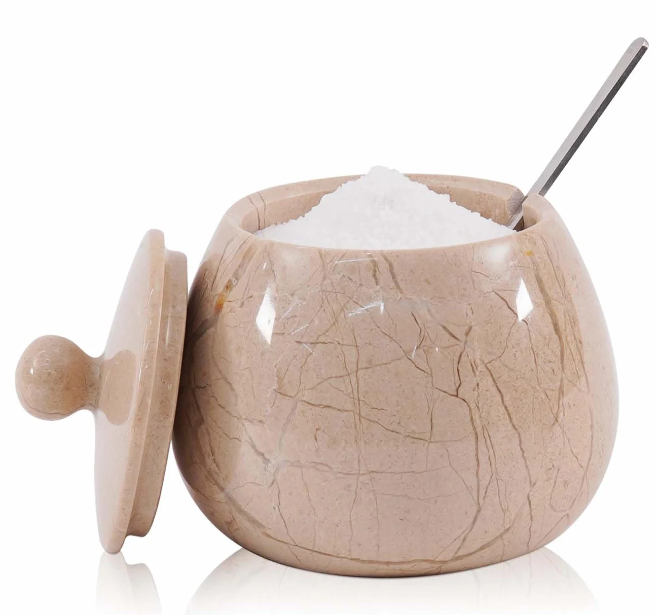 Salero de mármol con tapa de 4 pulgadas, caja de sal hecha a mano, cuenco de sal y pimienta, soporte de sal con tapa y cuchara, bodega de sal para almacenamiento de cocina, recipientes de sal y