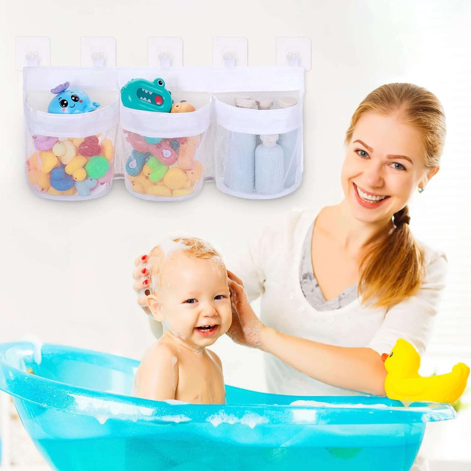 Bolsa Juguetes Bañera ExtraGrande Organizadores Baño con 5 Ganchos Autoadhesivos Red Almacenamiento Secado Rápido Blanco