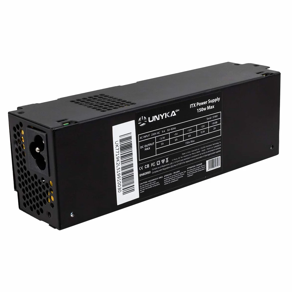 UNYKAch Fuente de Alimentación ITX 150W, Consumo Inferior a 0,5W, Potencia Nominal 150W, Alto Rendimiento, Ventilador de 40 mm, Conector Sata, 20 + 4 Pines, Molex