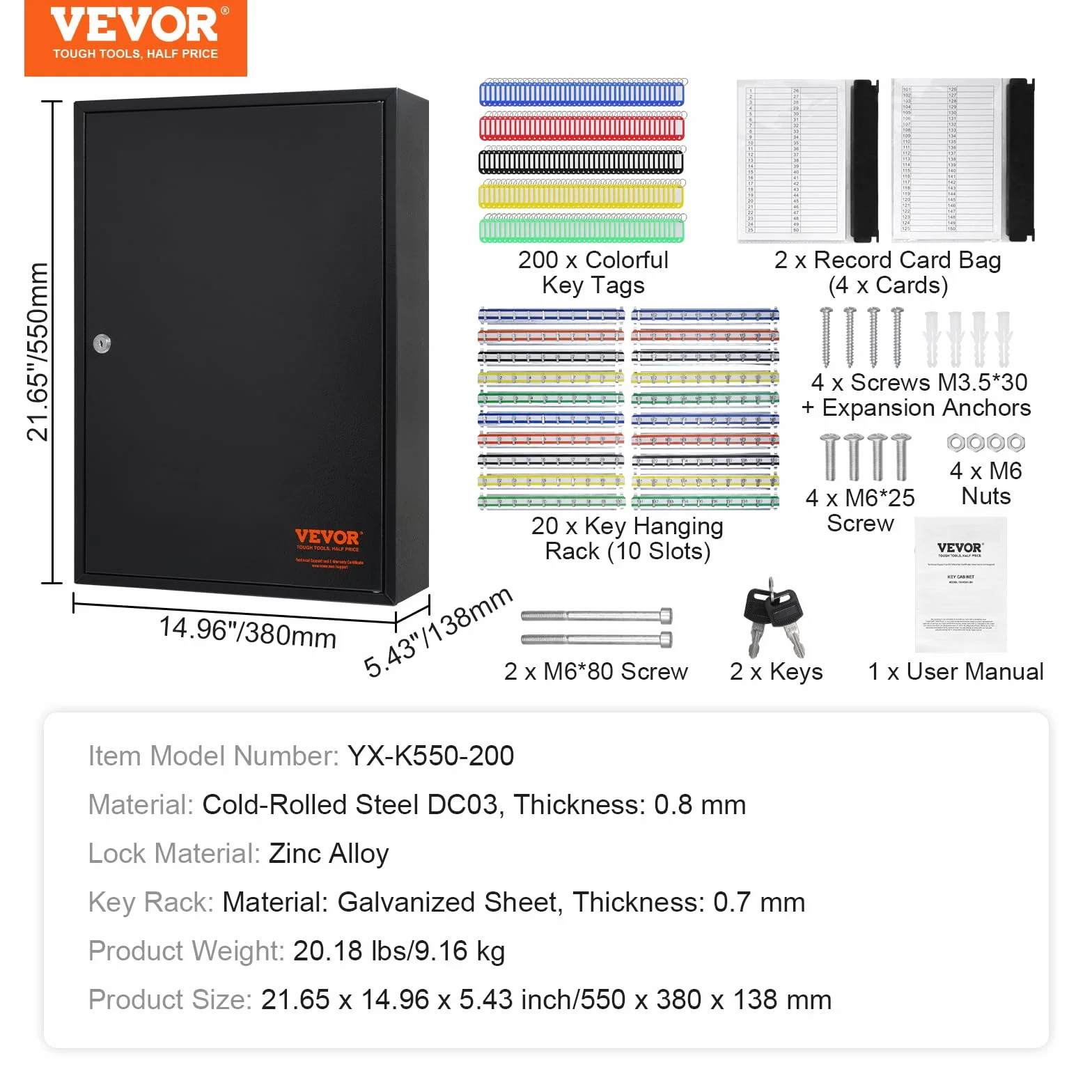 VEVOR Armario para Llaves de Pared 200 Ganchos Soporte Acero 38x13,8x55cm Cerradura Seguridad