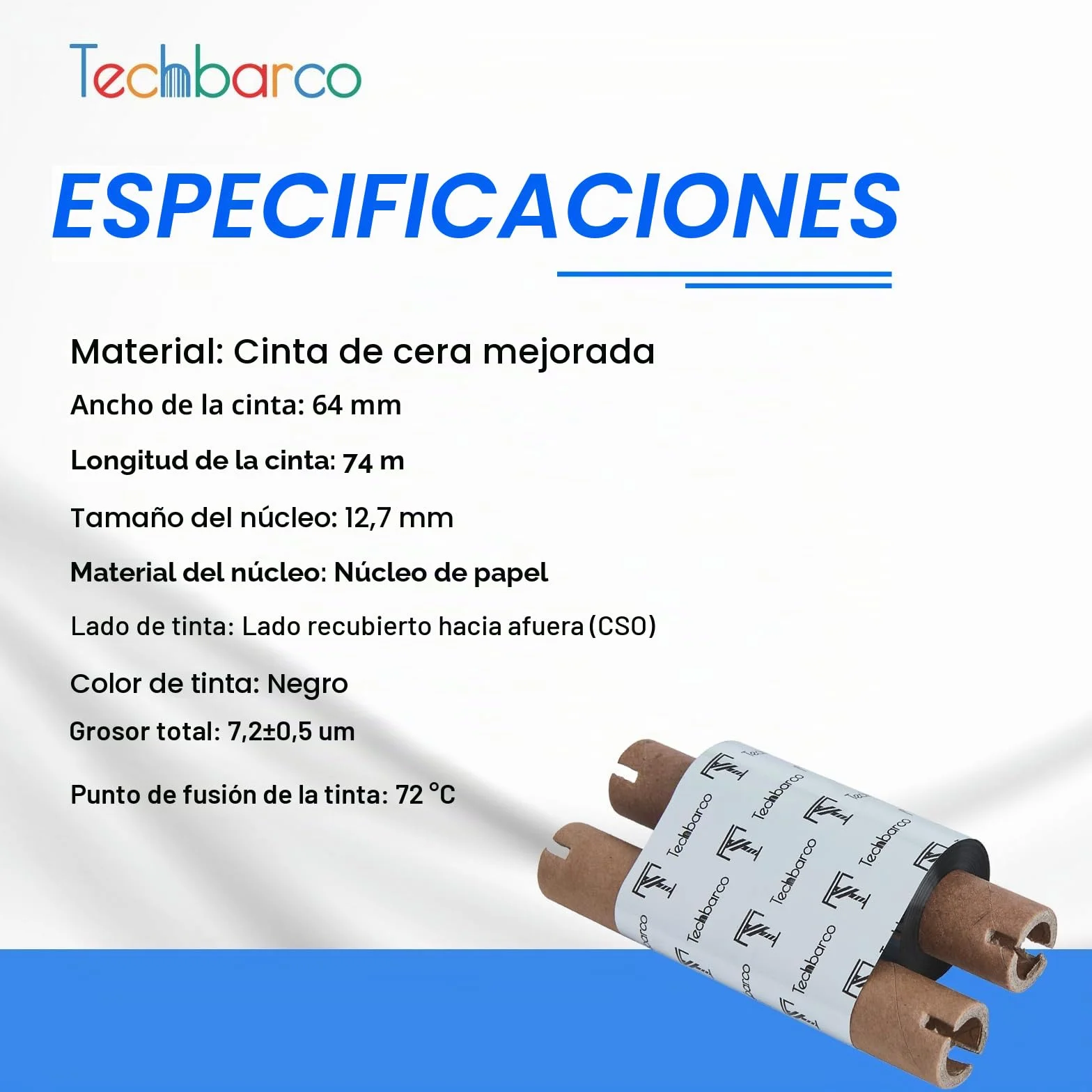 4 rollos de cintas de transferencia térmica de escritorio de 64 mm x 74 m, cera mejorada premium, núcleo de 0.5 pulgadas, con carrete vacío, para impresora de escritorio Zebra