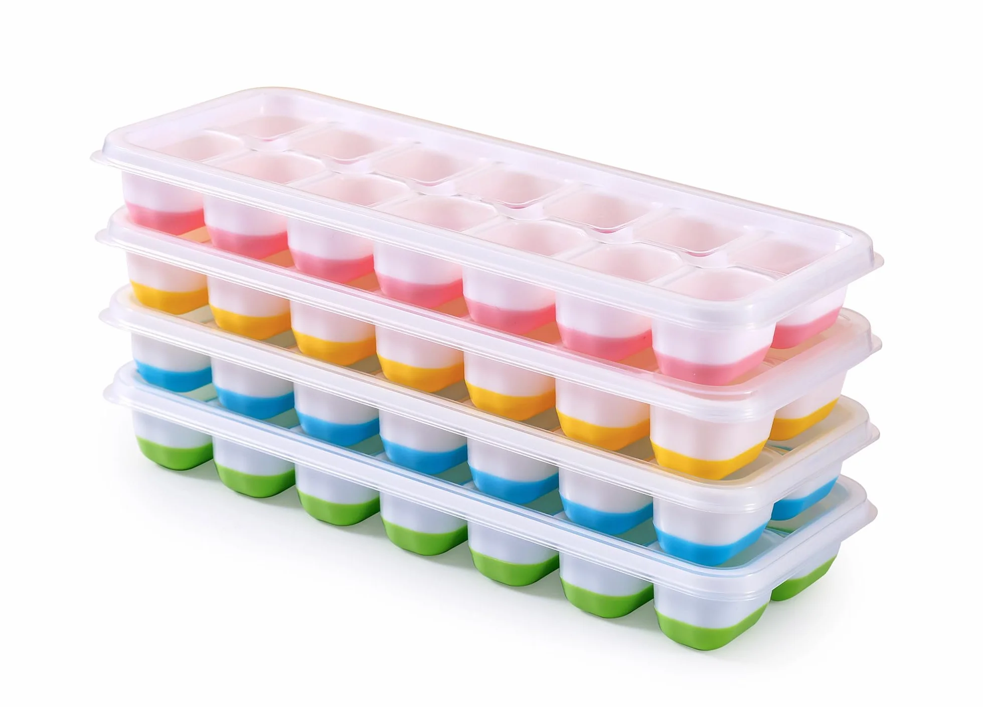 Molde de cubitos de hielo de silicona con tapa, paquete de 4 recipientes apilables