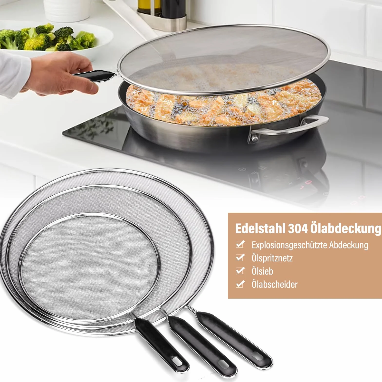Tapa Antisalpicaduras de Acero Inoxidable 19cm 25cm 29cm Protector Salpicaduras con Mango