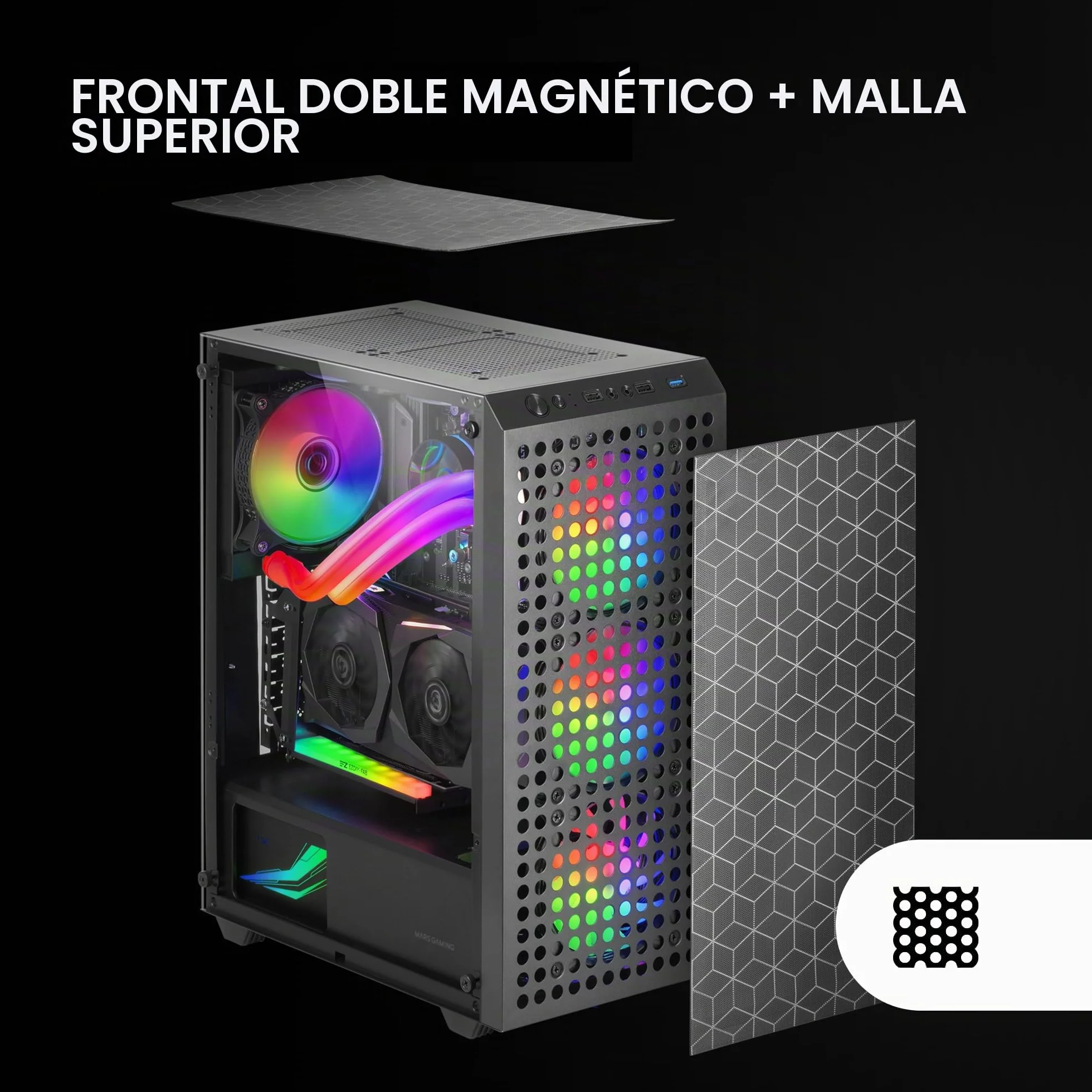 Mars Gaming MC-mag, Caja Gaming ATX, Ventana Lateral Completa Cristal Templado, Doble Rejilla Magnética Antipolvo Frontal + Superior, 3X Ventiladores FRGB 120mm, Refrigeración Líquida 360mm, Negro