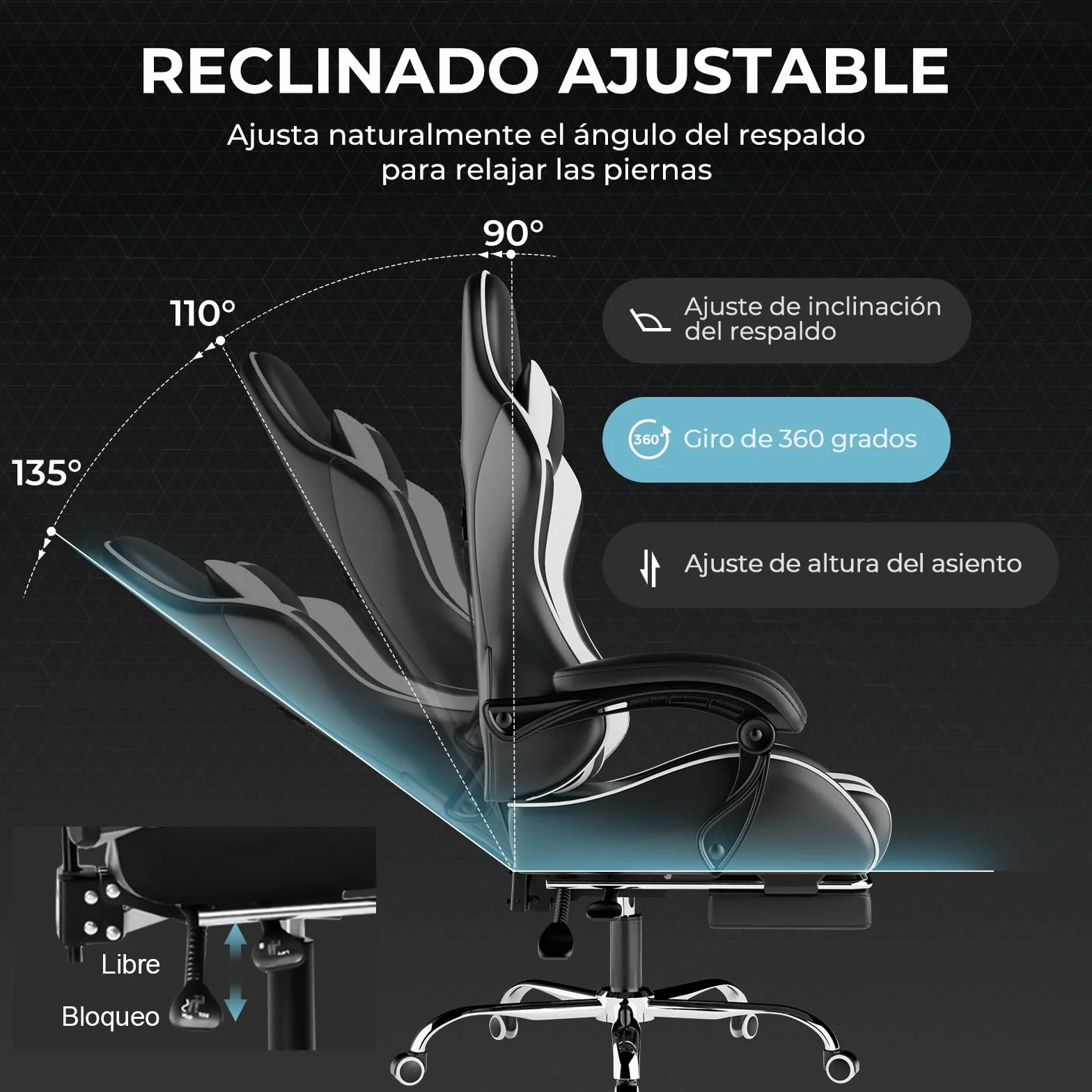 LUCKRACER Silla Gaming Ergonómica con Masaje, Reposapiés Retráctil, 150 kg, Blanco