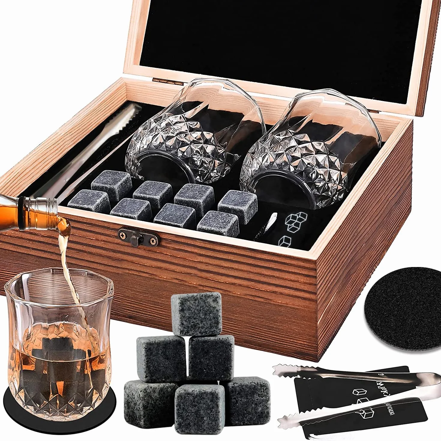 Piedras de Whisky, 8 Piedras para Enfriar, 2 Vasos, 2 Posavasos, 1 Caja de Madera, 1 Pinza para Hielo de Acero Inoxidable, 1Bolsa de Almacenamiento, para Papá, Esposo, Amigos (Madera)