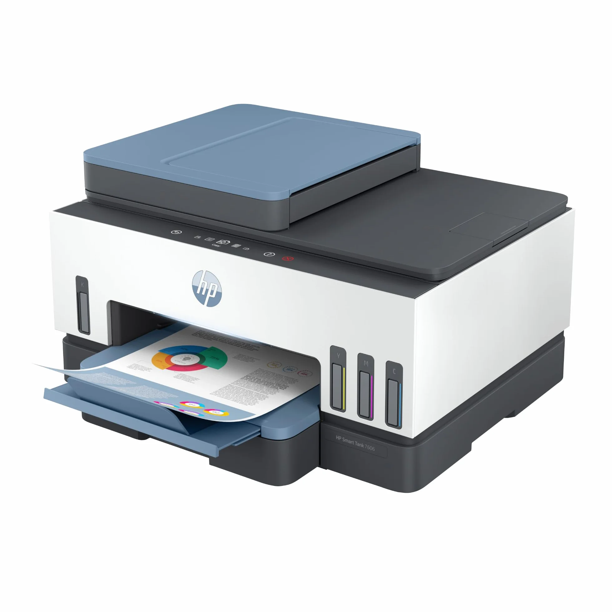 HP Smart Tank 7606 28C03A - Impresora A4 Multifunción con Deposito de Tinta Recargable, Impresión a Color, Escaner, Copiadora, Fax, Wi-Fi, Smart App, Blanco y Azul