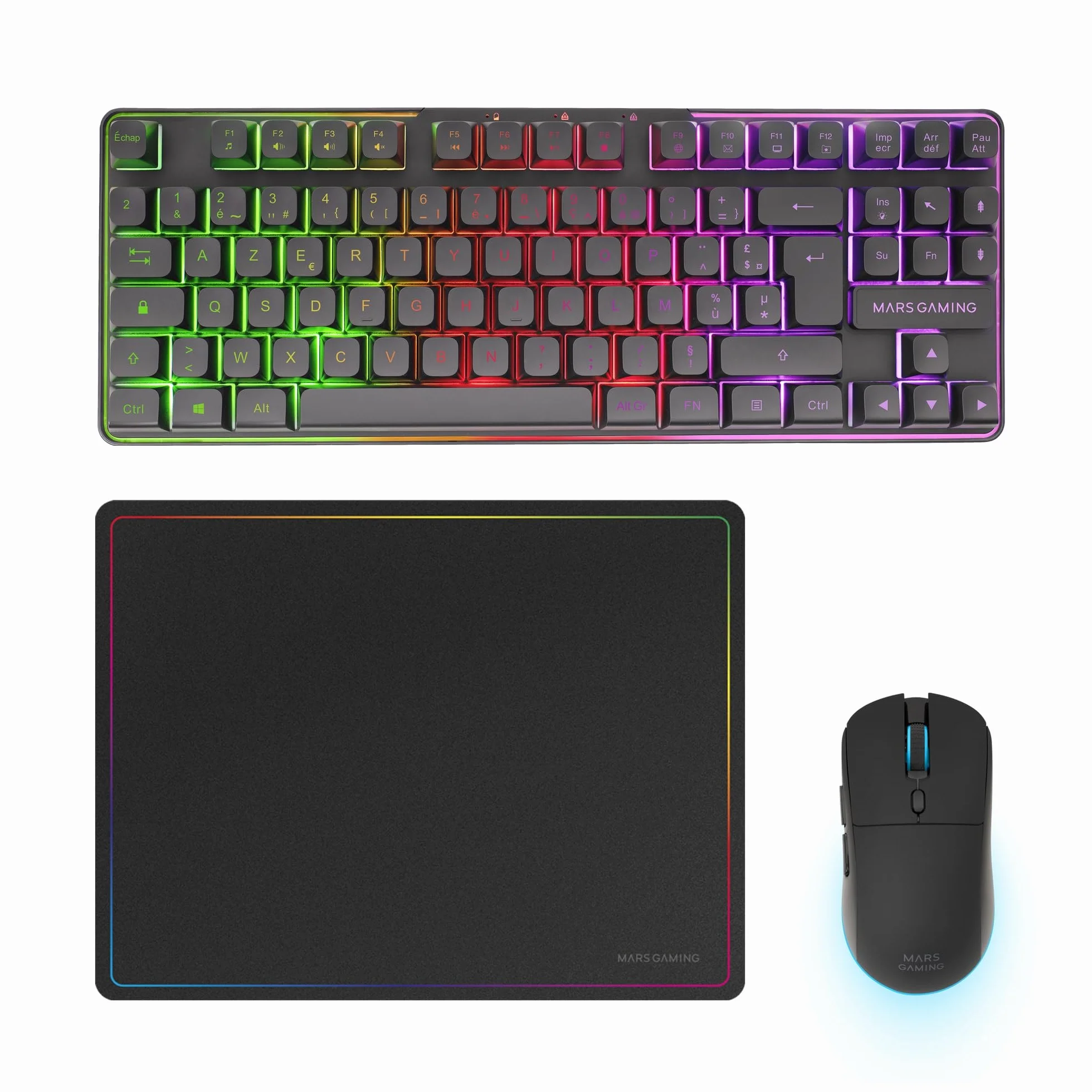 Mars Gaming MCPWTKL, Francés, Combo Gaming Inalámbrico, Tecnología DualPro Link 2.4GPRO, Teclado TKL FRGB Rainbow + Ratón RGB 3200DPI y Switches HUANO + Alfombrilla Antideslizante 360x260mm, Negro
