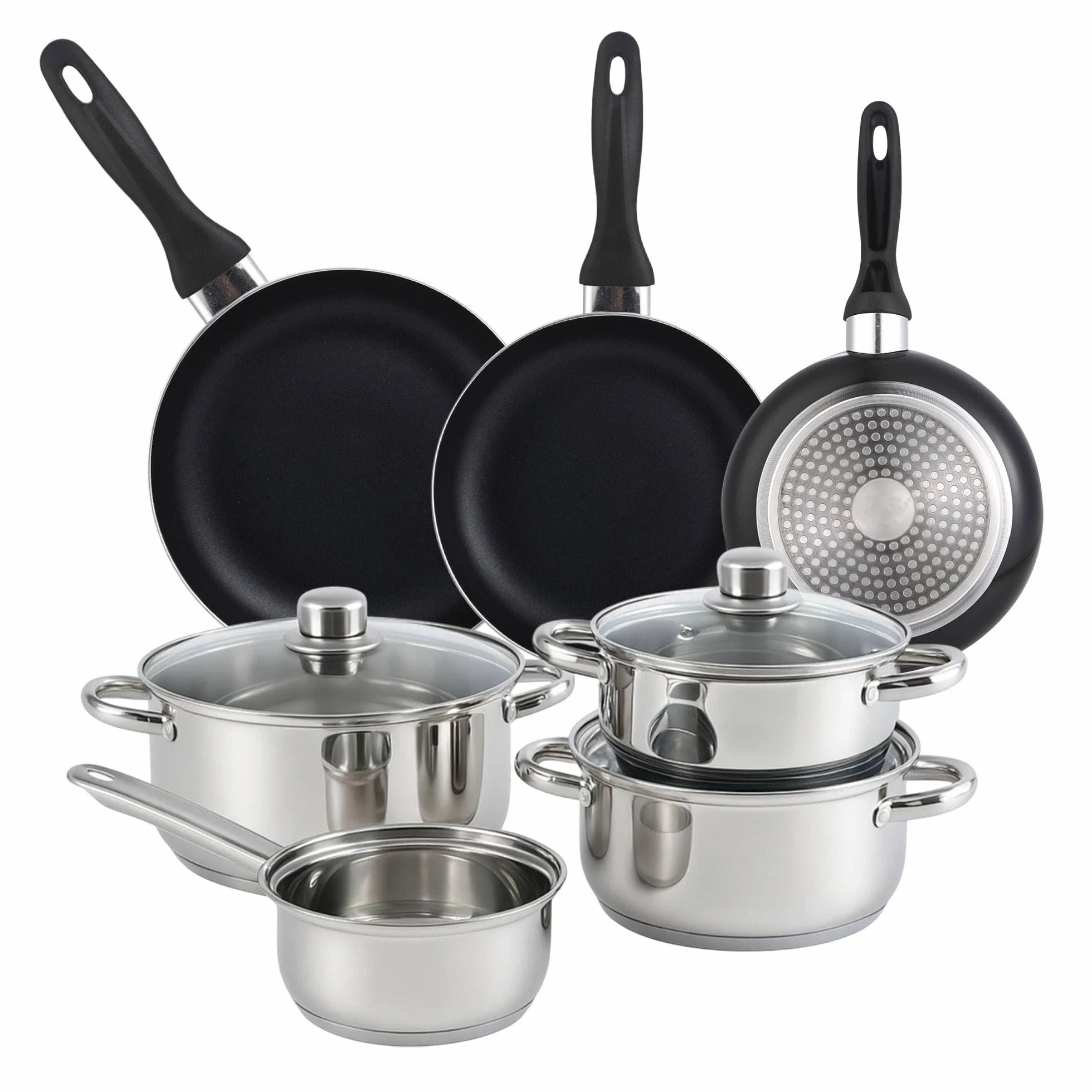 Bistro Series Set Batería de Cocina 7pc Acero Inoxidable + 3 Sartenes Negro Aluminio Prensado
