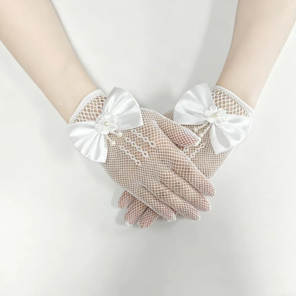 SwirlColor Guantes Blancos de Satén Organza para Niña Primera Comunión Boda Fiesta con Encaje Floral