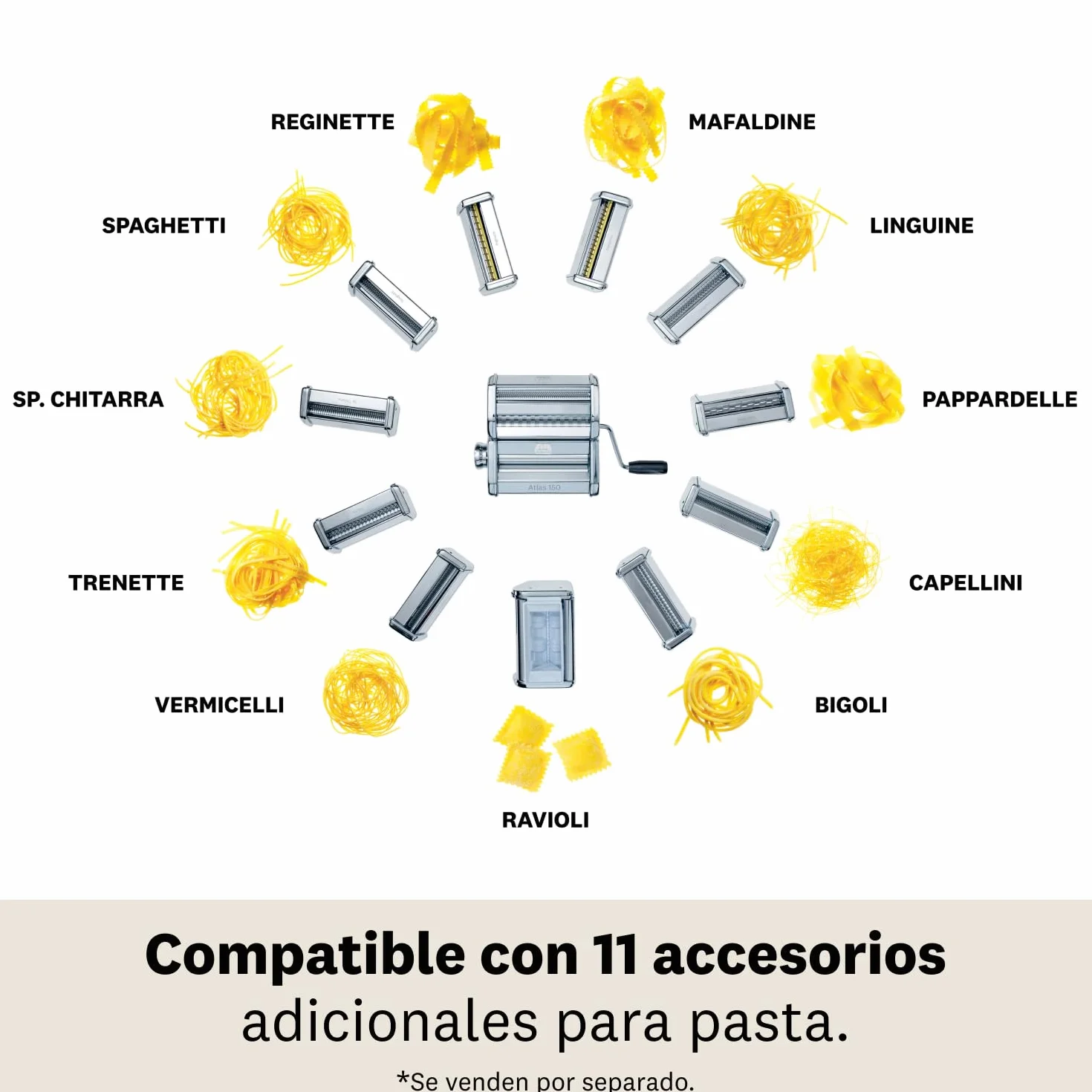 Marcato Atlas 150 Máquina para Pasta Acero Cromado 15 cm 3 Accesorios