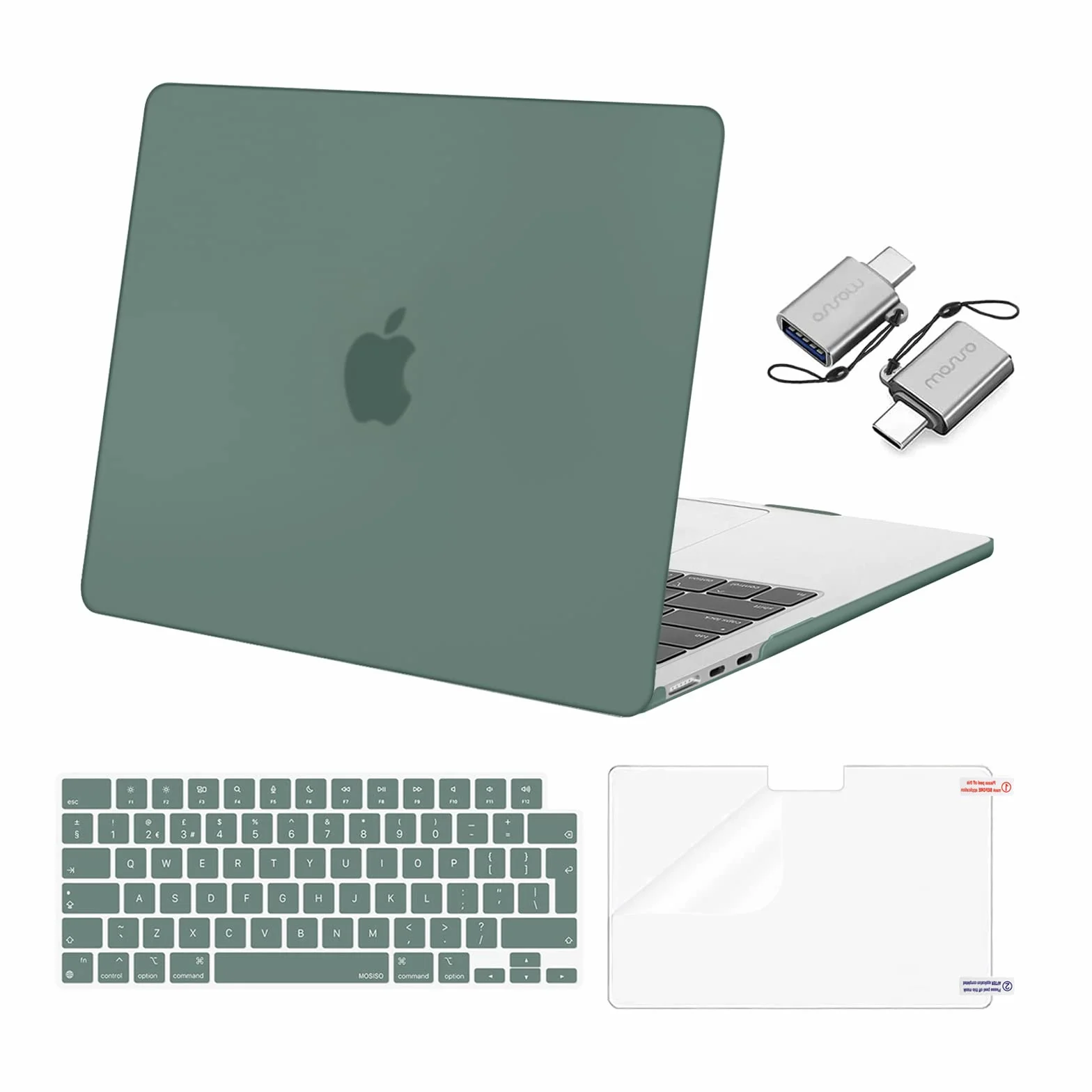MOSISO Funda Compatible con MacBook Air 13 Pulgadas M4 M3 M2 2025 2024 2022 A3240 A3113 A2681, Carcasa para Macbook Air 13,6&Teclado Tapa&Pantalla Protector&Adaptador Tipo C,Verde Esmeralda
