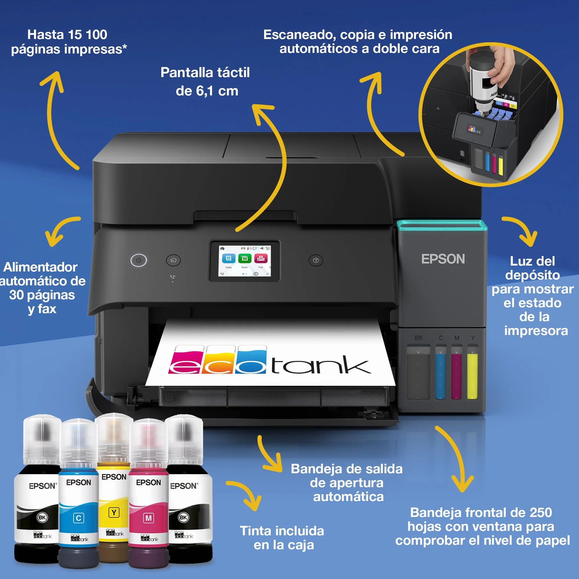 Epson EcoTank ET-4950 Impresora de Depósito de Tinta | Teletrabajo | Wi-Fi, Ethernet | A4 | Doble Cara | Imprime, Copia, Escanea, Fax | Pantalla Táctil 6,1cm | ADF | Tinta Incluida Para 3 Años