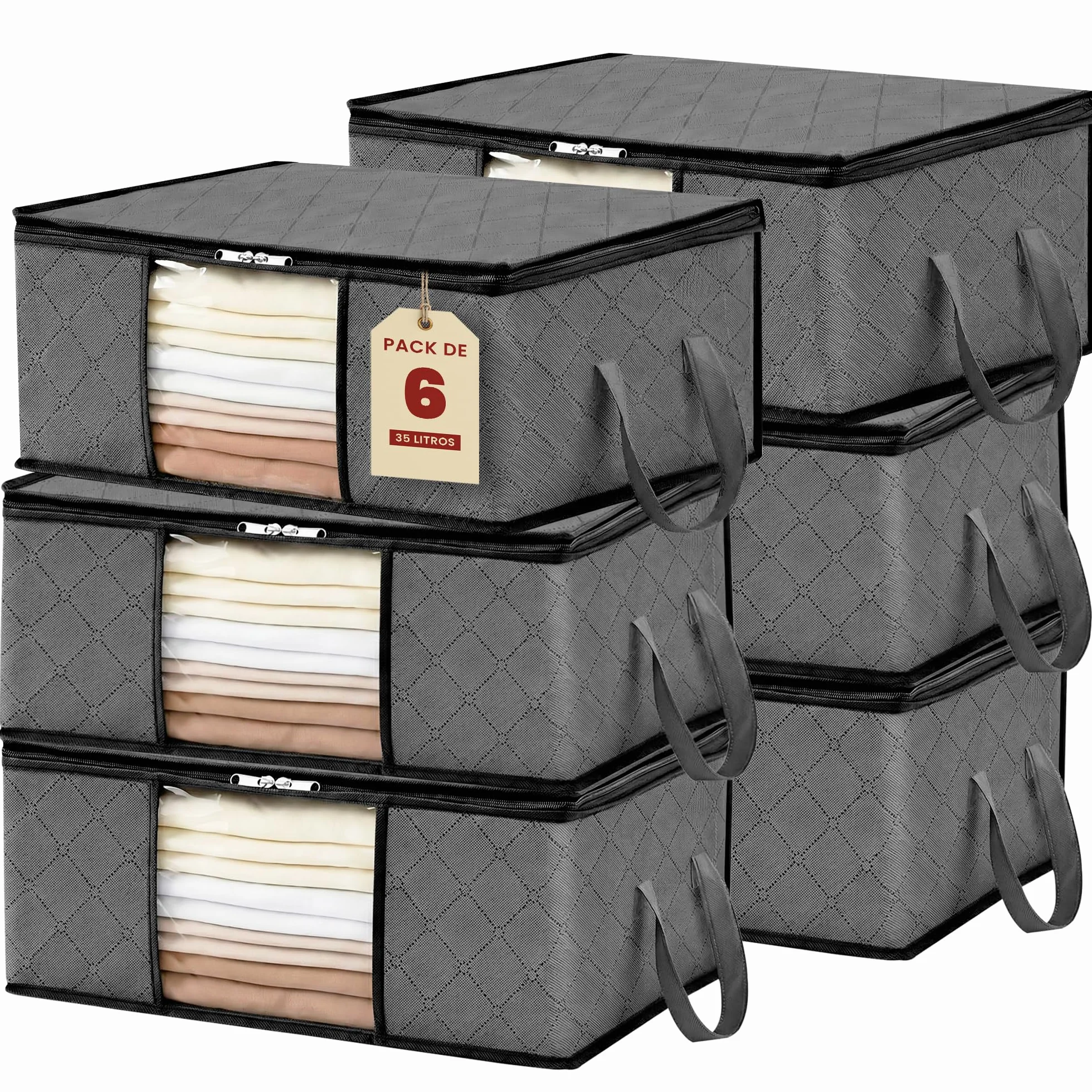 JUPPLIES Cajas Almacenaje Ropa 35L 35,5x50x18,5cm Bolsas con Ventana Transparente Cremallera Bidireccional Asas Reforzadas Pack 6
