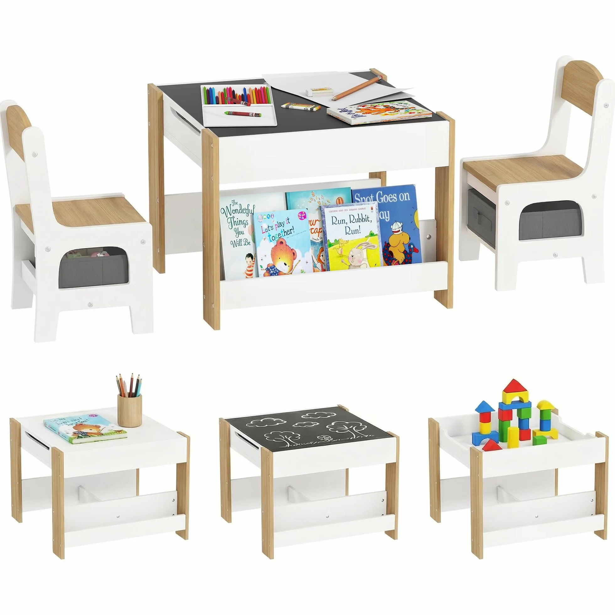 HOMCOM Juego de Mesa y 2 Sillas Infantiles Mesa con Sillas para Niños 3 en 1 con Pizarra Cajones de Tela y Espacio de Almacenamiento para Guardería Sala de Juegos Blanco y Natural