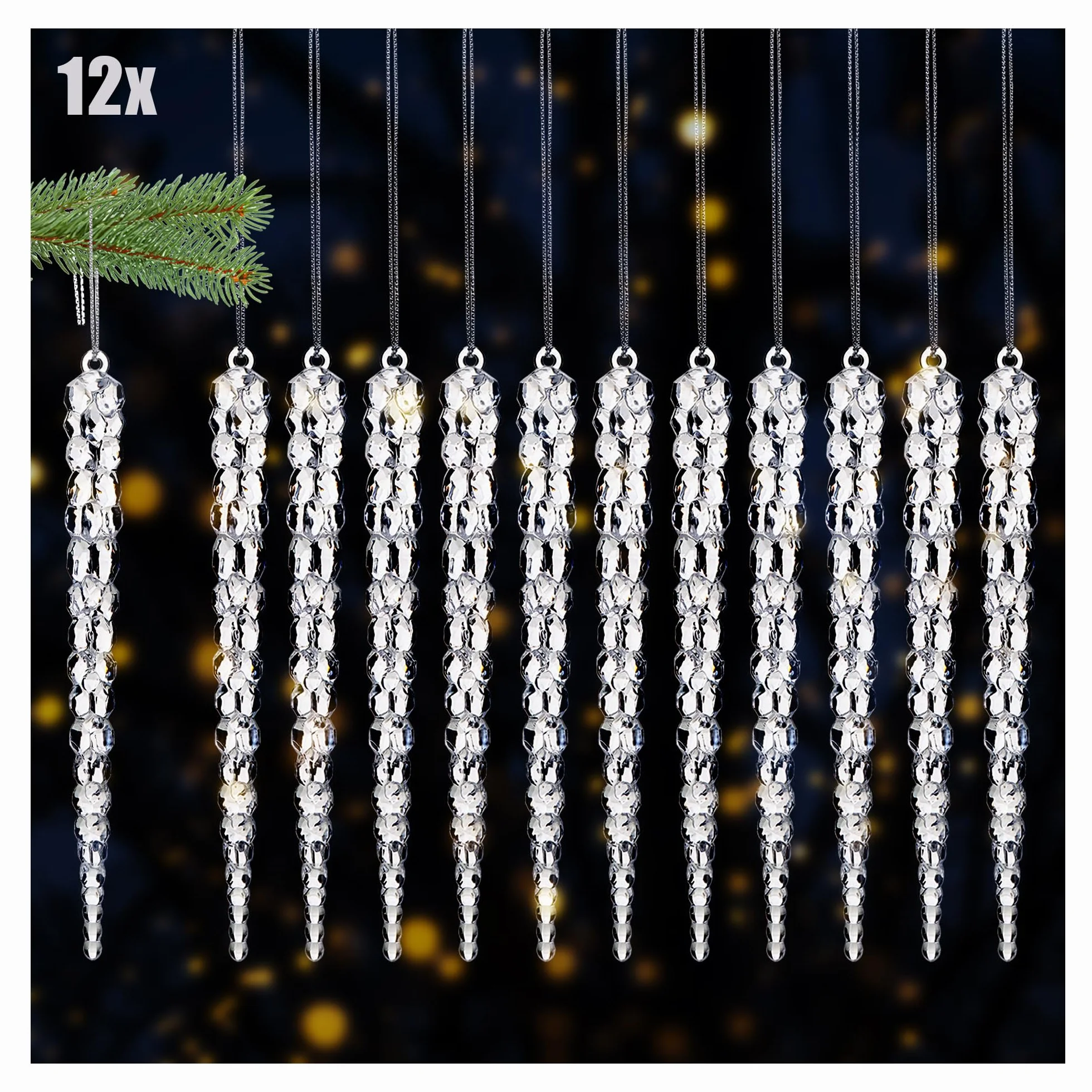 COM-FOUR 12 Colgantes Decorativos para Carámbanos Transparentes de 17,5 cm con Cuerda para Colgar Árbol de Navidad