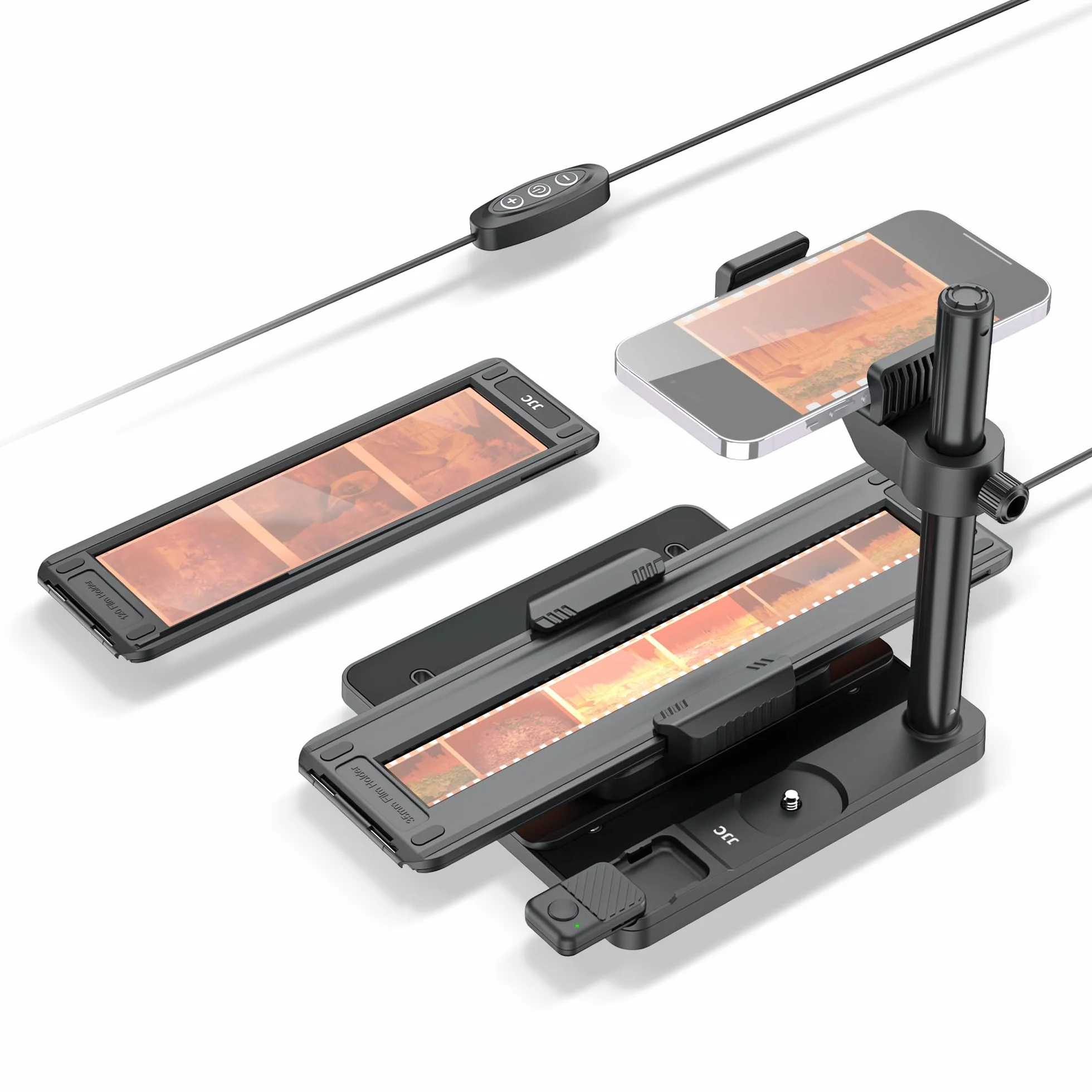 JJC Juego de adaptadores de digitalización de película móvil con Almohadilla de luz de Visor de Diapositivas - Convierte película de Diapositiva Negativa de 35 mm/120 a Digital, Juego de escáner