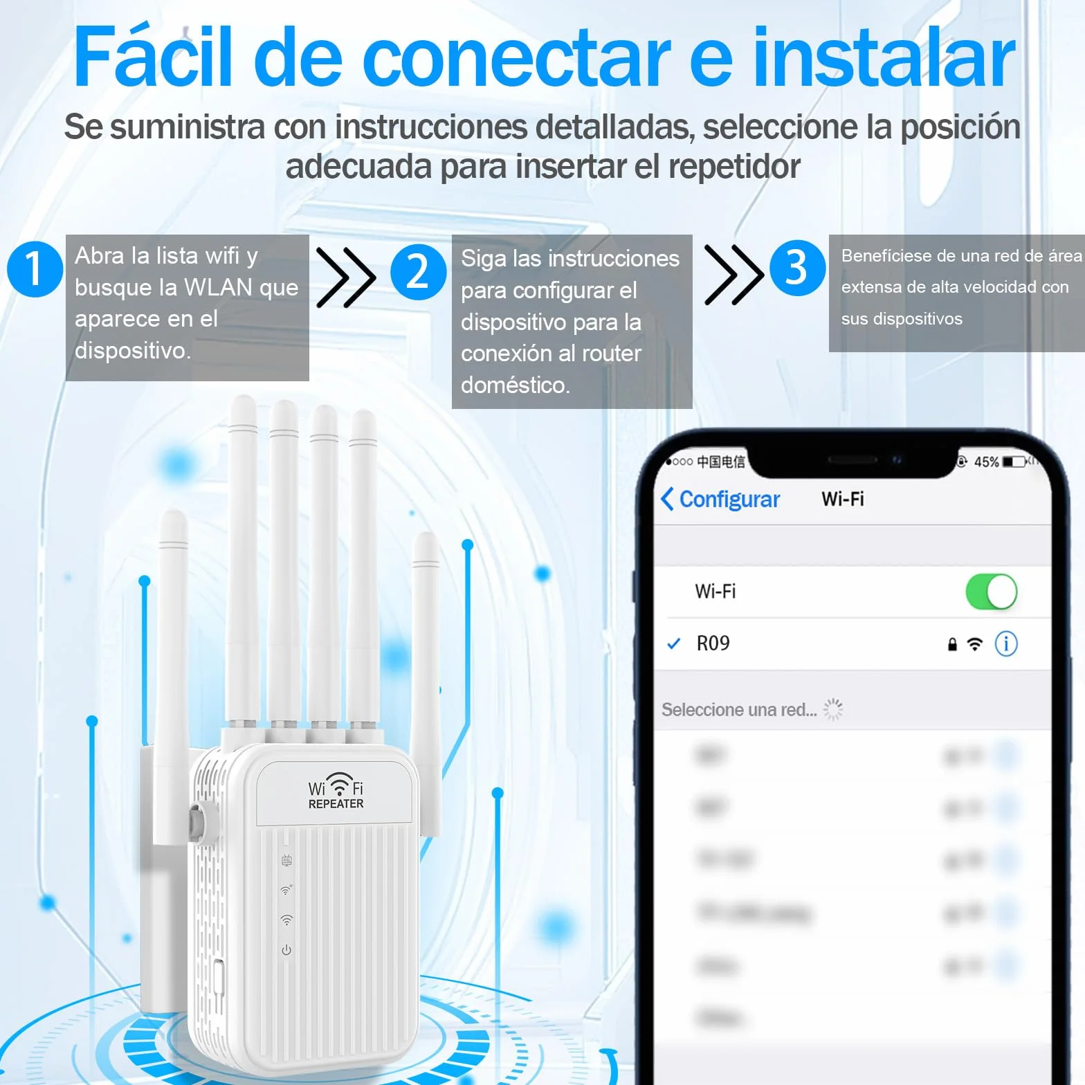 Repetidor WiFi,2025 Potente Amplificador WiFi,Amplificador señal WiFi,Repetidor WiFi Largo Alcance,6 Antenas,2 Puertos LAN,Cobertura de hasta 11800Sq.para Oficinas Y hogares,Fácil Instalación