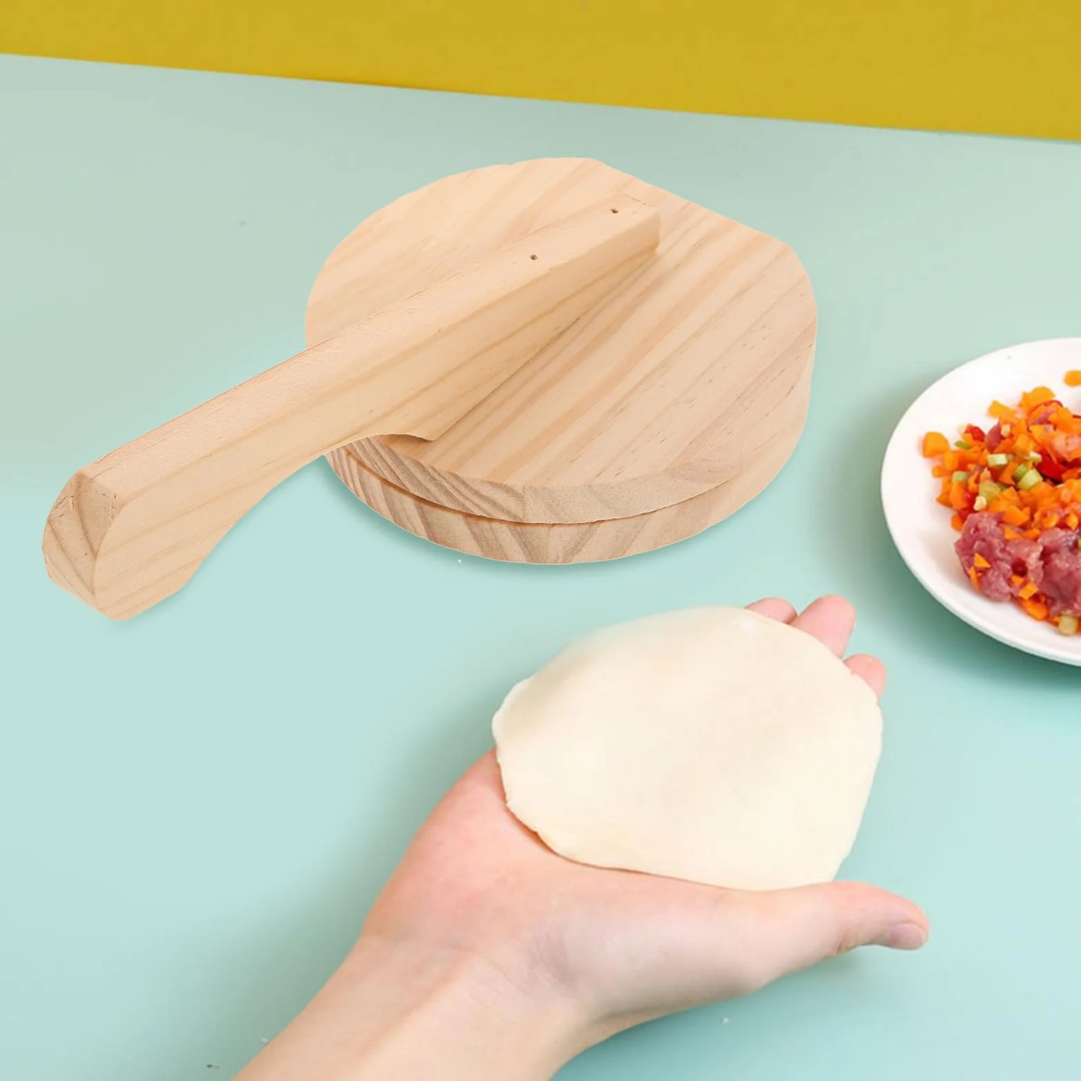 Prensa Manual para Bolas de Masa Hervida 21.5x12.5 cm de Madera Ergonómica para Empanadillas y Dumplings