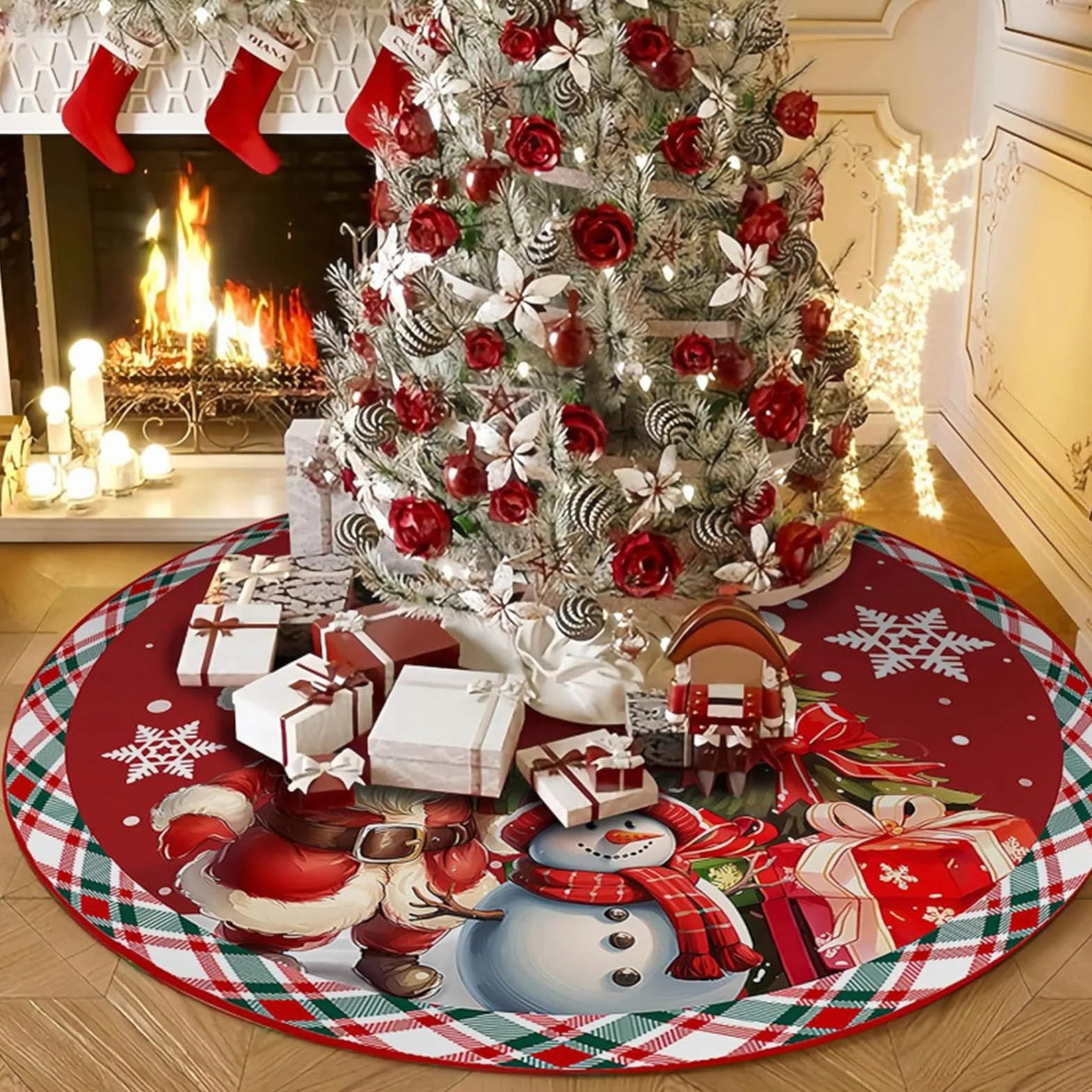 Falda de Árbol de Navidad 90cm Redonda Muñeco de Nieve Base Manta Pie Casa Decoración Navidad